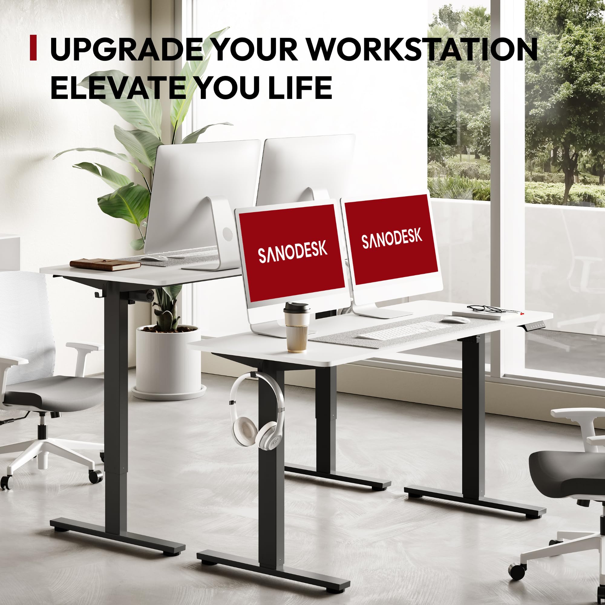SANODESK 48 x 30 Inches Electric Standing Desk - Height Adjustable Whole-Piece Desktop with 6-Button Controller - Ergonomic Computer Desk for Home Office (Black Frame + White Tabletop) - Perfect for Remote Work, Gaming & Study Setup
