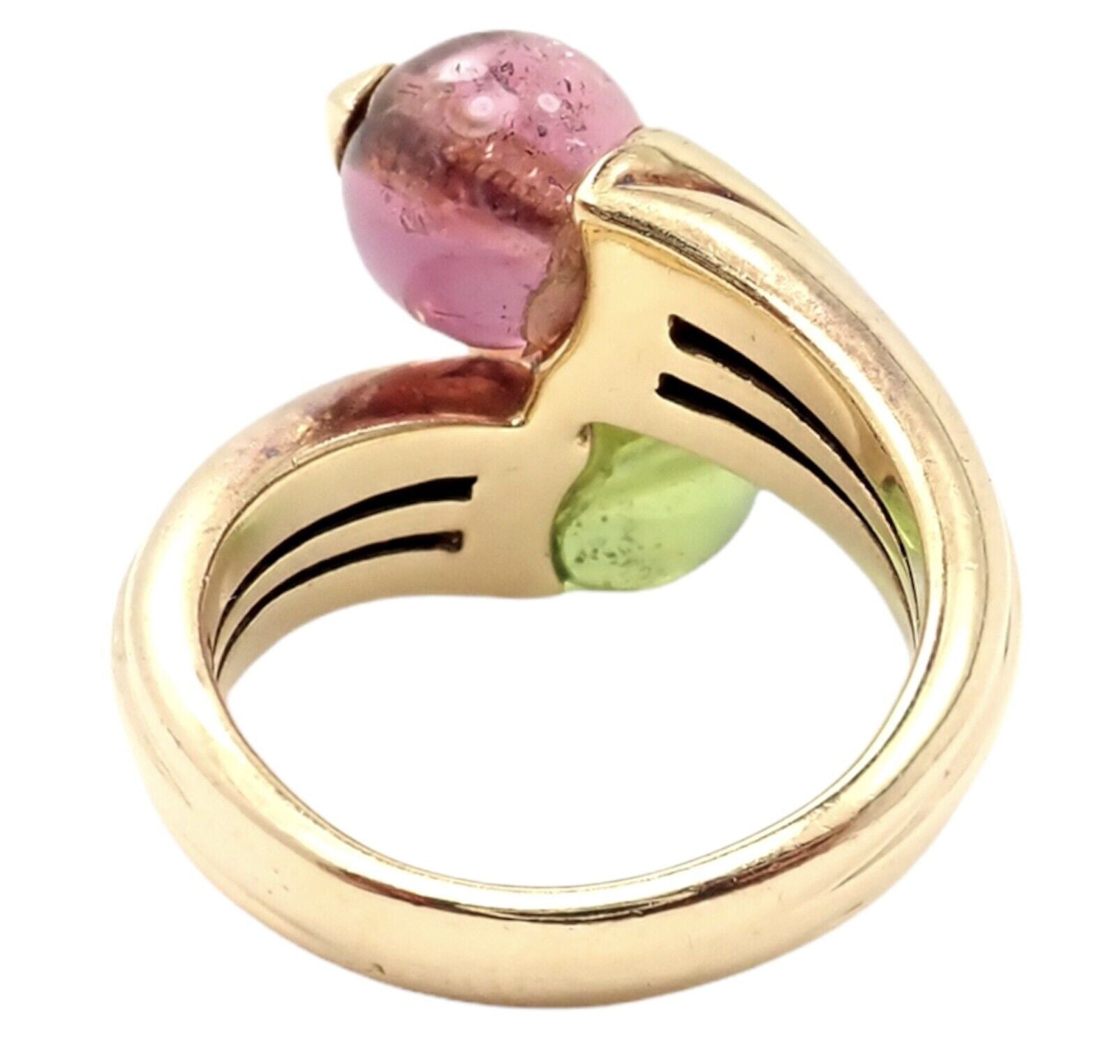 Vintage Bulgari Bvlgari 18k Yellow Gold Pink & Green Tourmaline Bypass Ring - Luxury Jewelry for Women, Elegant Gift for Anniversary & Special Occasions