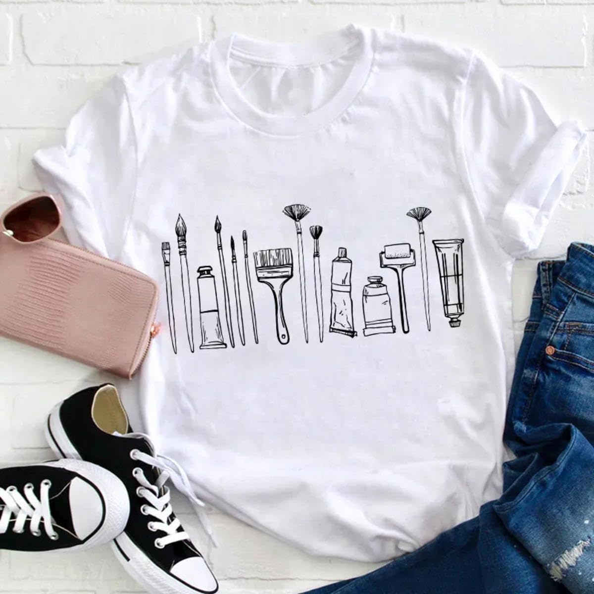 Vintage Art Teacher T-Shirt - Sketch & Paint Brushes Design - Perfect for Artists, Educators & Art Lovers