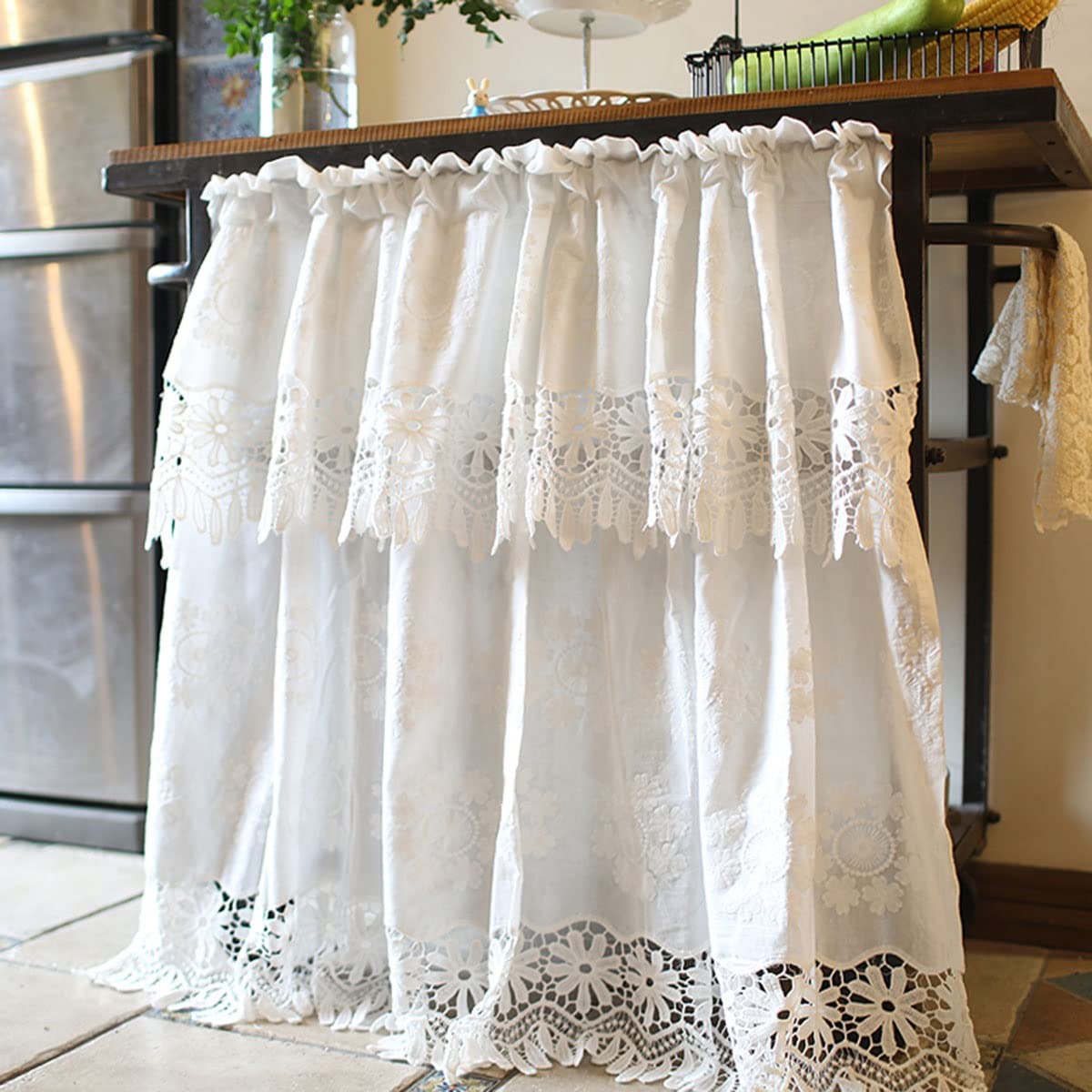 White Cotton Cafe Curtains for Kitchen - Short Valance with Hollow Lace Design, European Style Window Treatment (50x85 cm/20x33 in) - Perfect for Small Windows, Coffee Shops & Cozy Home Decor