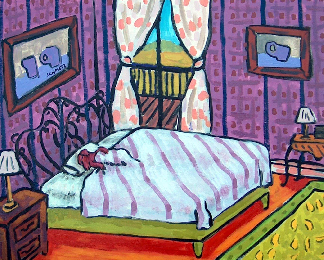 Dachshund Dog Art Print - Signed Canine Painting of Sleeping Wiener Dog in Hotel Room - Perfect for Pet Lovers, Home Decor & Gift Ideas