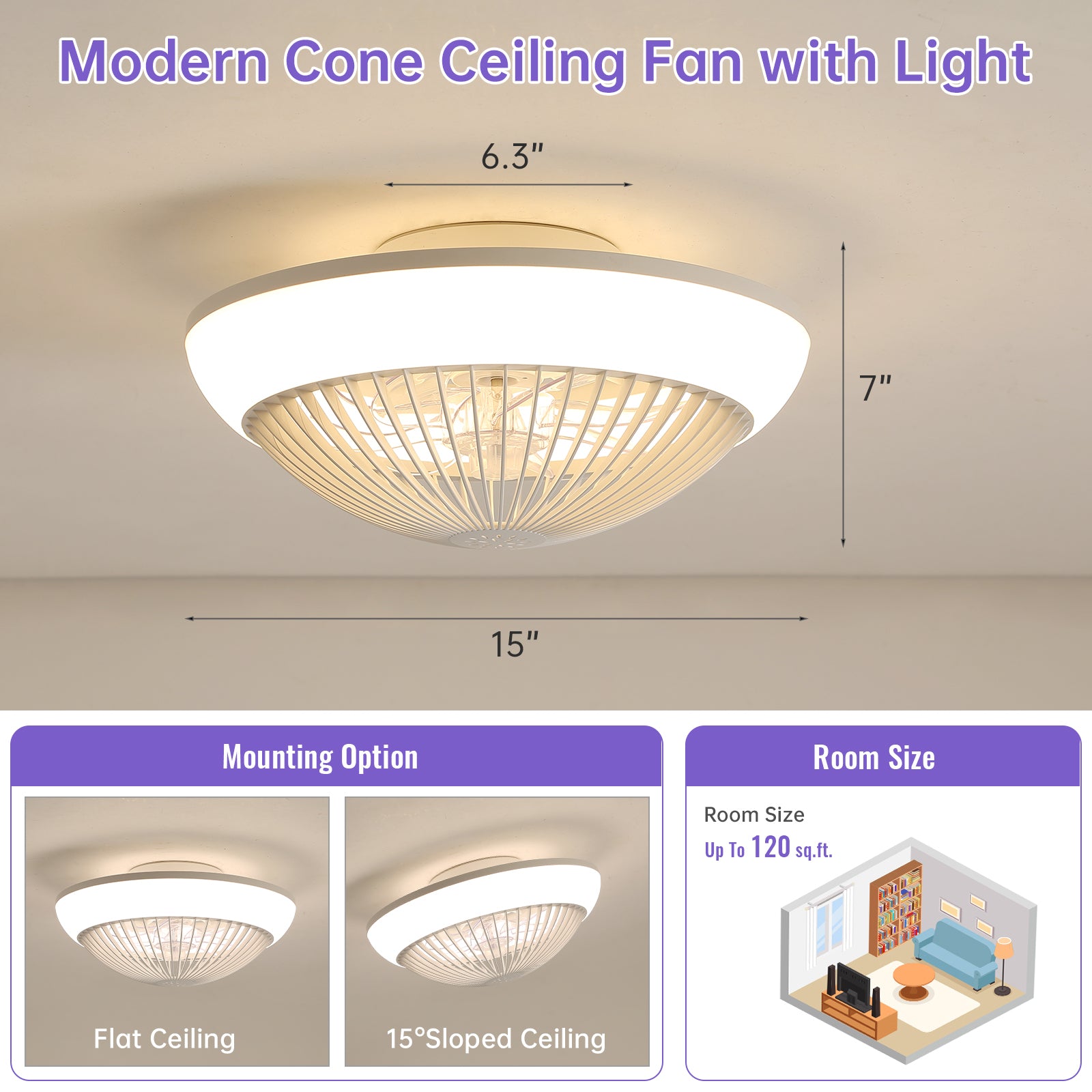 15 Inch RGB Dimmable LED Enclosed Ceiling Fan with Light - Modern Bladeless Design, 6 Speed Remote Control for Bedroom, Kids Room, Living Room & Party Decor | Energy Efficient Home Cooling Solution