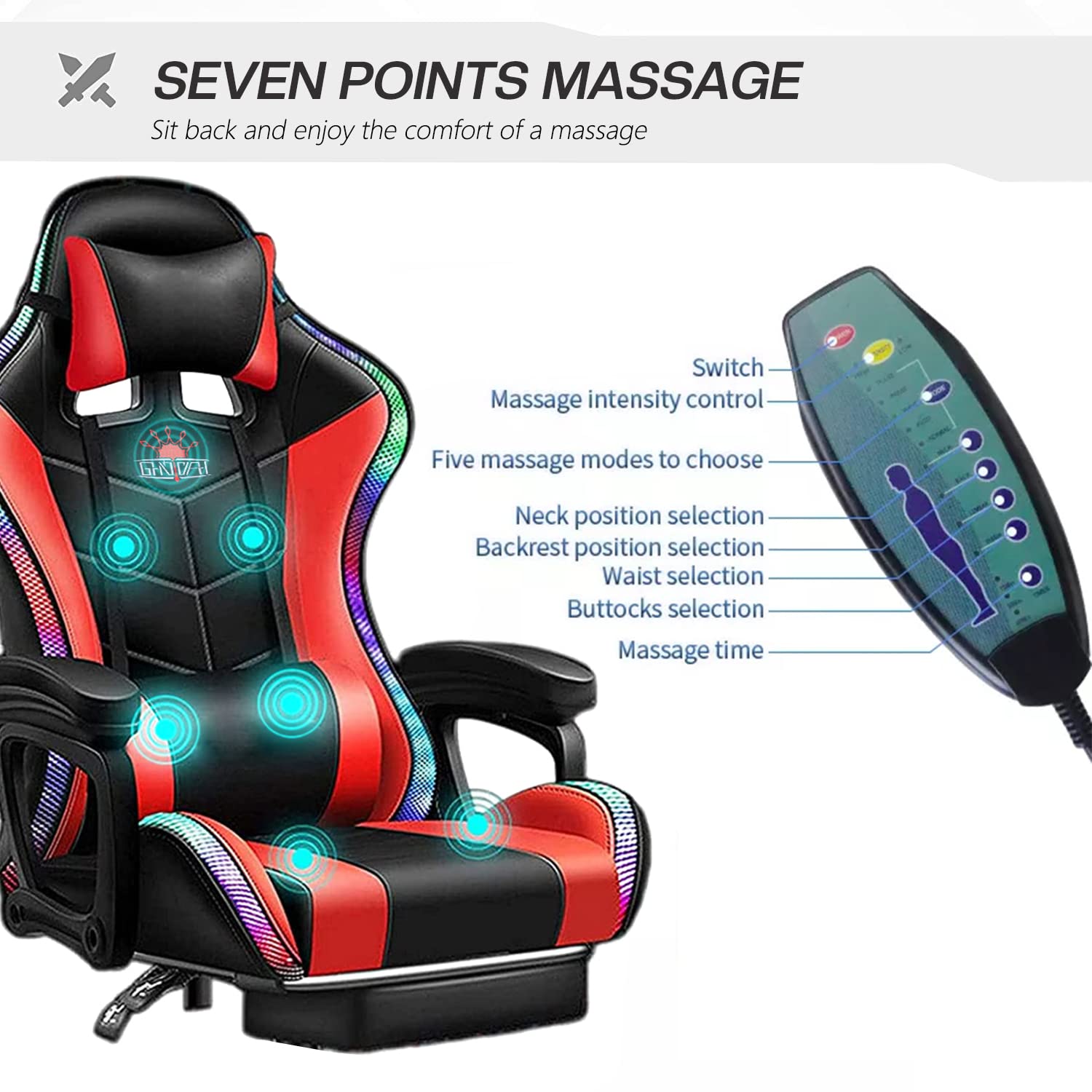 XOOFMASS Gaming Chair with Built-in Speakers & RGB LED Lights - Ergonomic Racing Office Chair, PU Leather Recliner with Lumbar Support - Perfect for Esports, Streaming & Home Office (Black)
