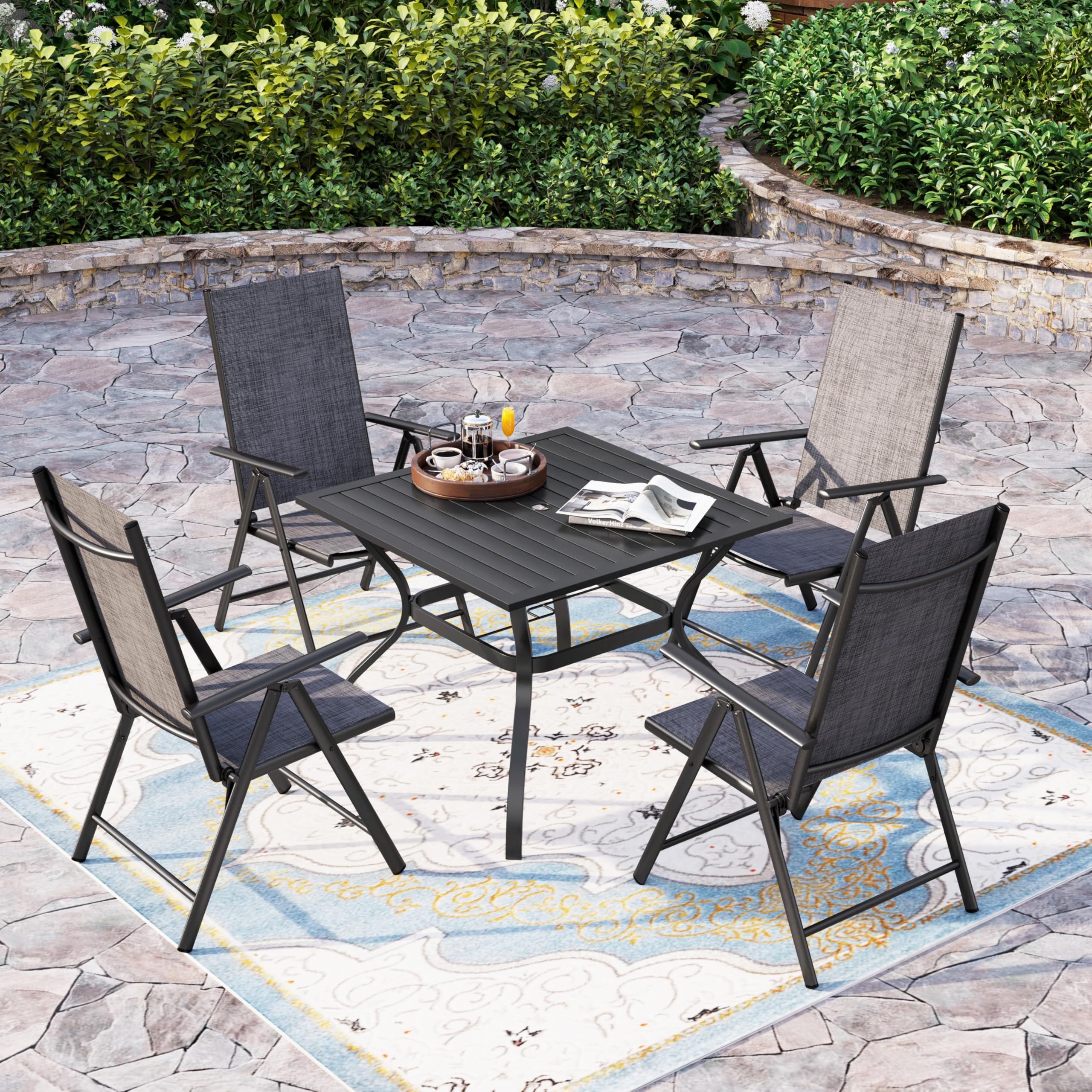 Sophia & William 5-Piece Outdoor Patio Dining Set - Foldable Textilene High-Back Chairs & Square Metal Table with Umbrella Hole - Grey - Perfect for Backyard, Garden, Poolside & BBQ Gatherings