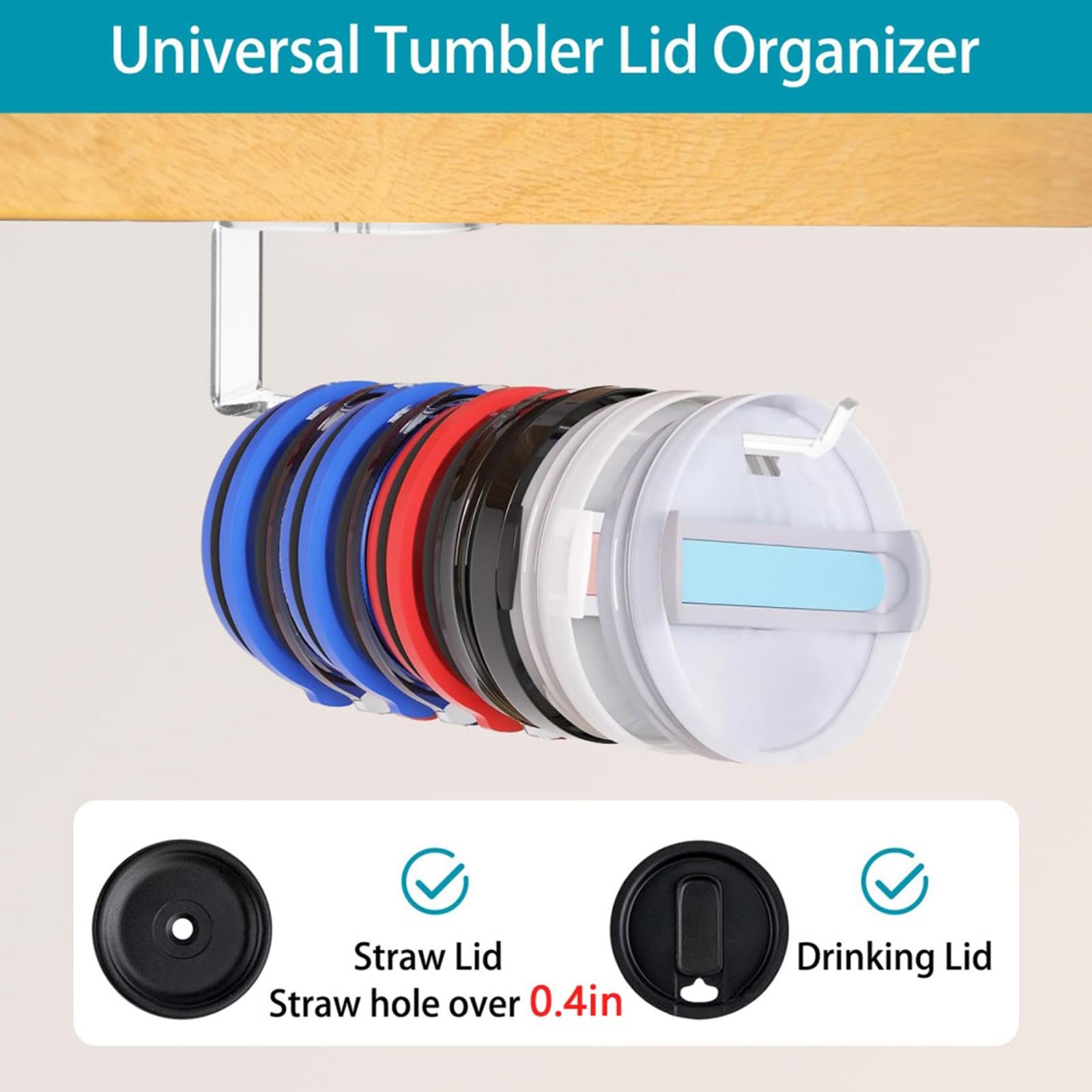 CALANDIS® Under Cabinet Tumbler Lid Organizer - Kitchen Cabinet Storage for Cup Lids | Includes 1 Holder, 2 Screws, 2 Expansion Tubes & 2 Double-Sided Tapes | Space-Saving Solution for Coffee Mugs, Travel Cups & Drinkware Accessories