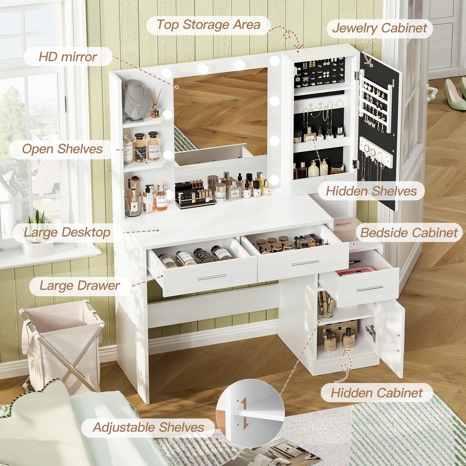 Usikey White Vanity Desk with Mirror & LED Lights - Makeup Vanity Table with 3 Drawers & Jewelry Storage Organizer for Women & Girls | Perfect for Bedroom Decor & Beauty Routine