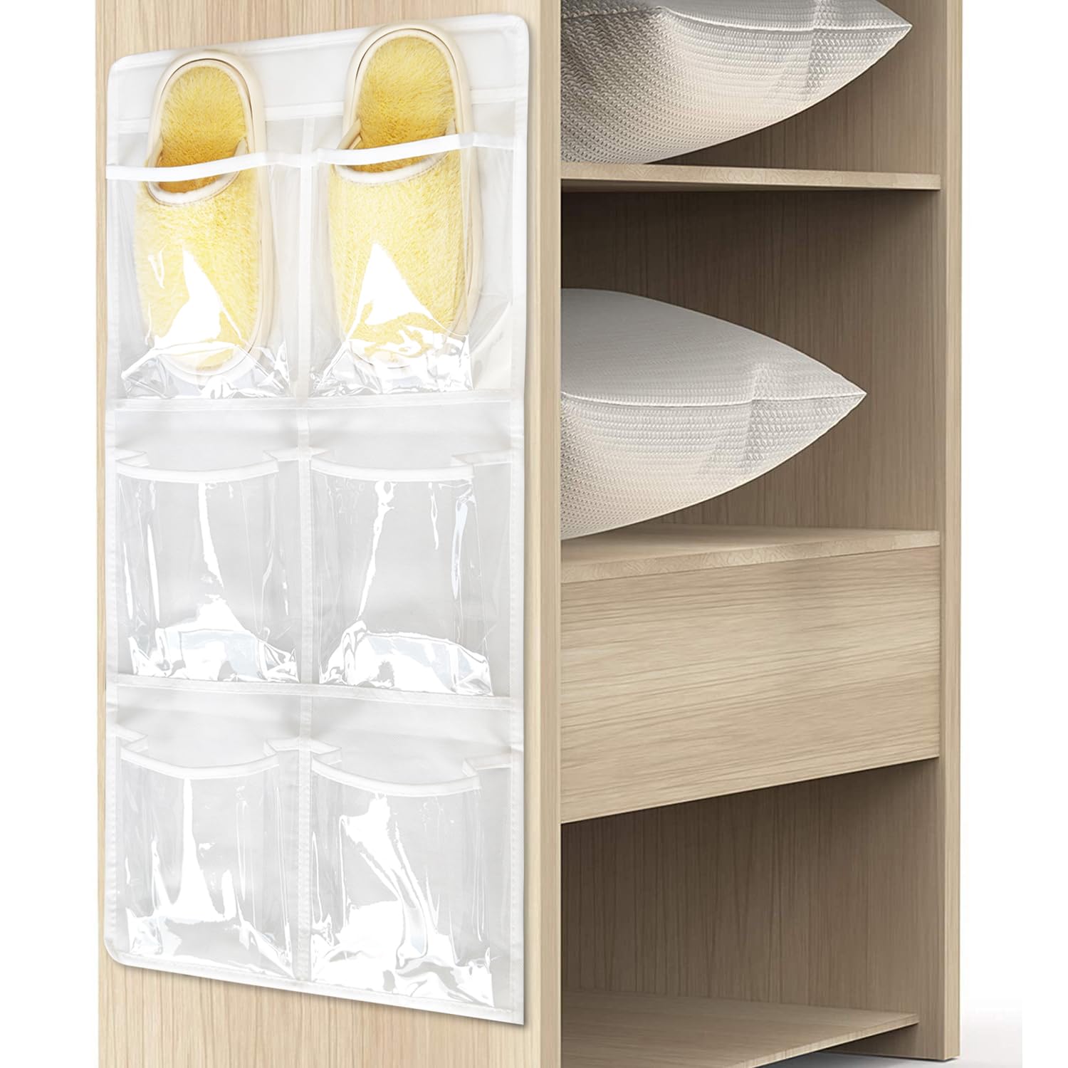 2 Pack Clear Crystal Large Over The Door Hanging Shoe Organizer - 6 Pockets, 4 Hooks, White (30