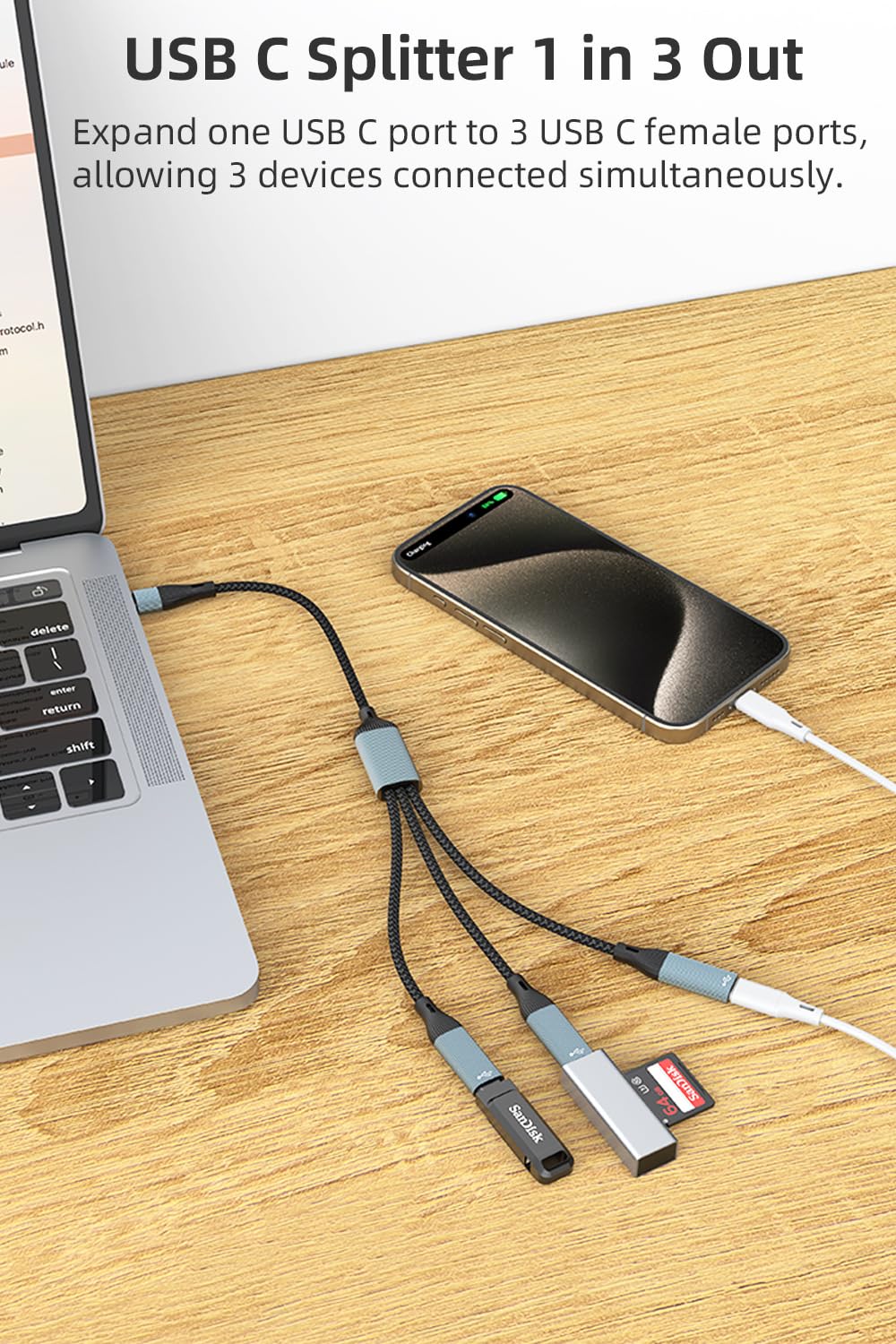 1-in-3 USB C Splitter Adapter - USB C Male to 3 USB C Female OTG Cable with Headphone Jack - Compatible with iPhone 16/15, iPad, MacBook, Galaxy S24/S23 - Perfect for Charging, Data Transfer & Audio Listening