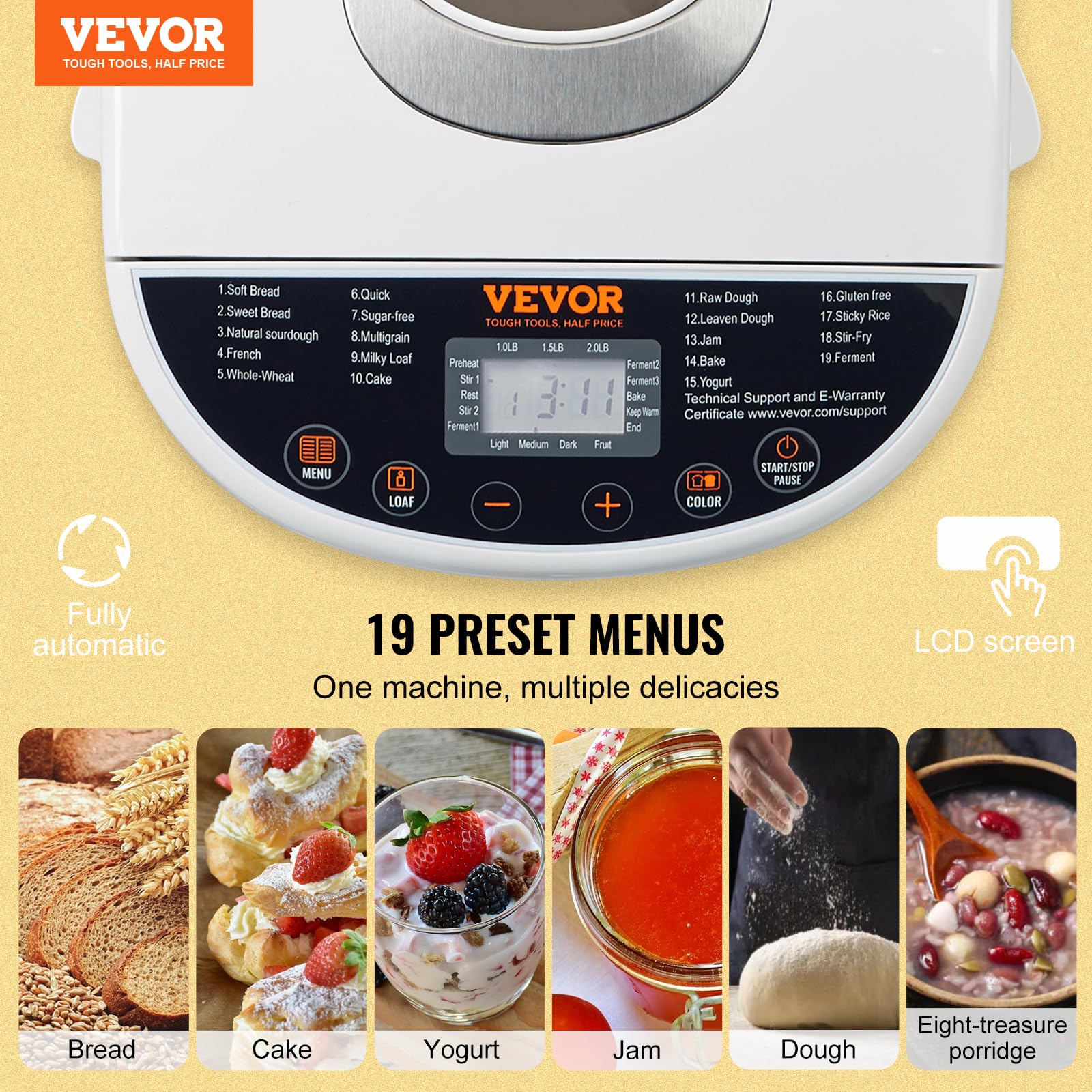 VEVOR 2LB Automatic Bread Maker Machine - 19-in-1 Programmable Dough Maker with Gluten-Free Setting, Nonstick Ceramic Pan, Whole Wheat & White Bread Options, 3 Loaf Sizes & Crust Colors - Perfect for Home Baking, Breakfast & Healthy Eating