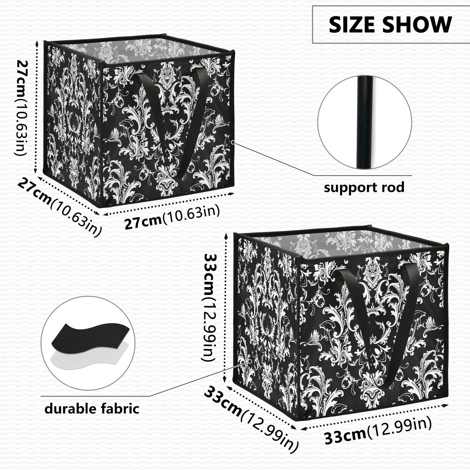 Baroque Damask Seamless Black Square Collapsible Storage Bins - 13x13x13 Inch Foldable Fabric Toy Organizer with Handles for Nursery, Shelves & Closet - Perfect for Kids' Room Organization, Home Decor and Gift Storage