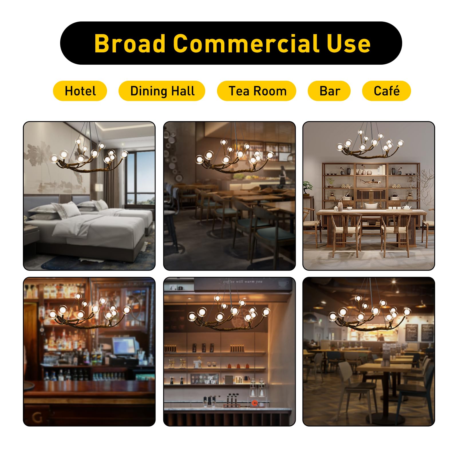Modern Wood Branch Chandelier - 12 Bulb Adjustable LED Hanging Light with Resin Tree Design & Industrial Glass Bubbles - Perfect for Bedroom, Living Room, Dining Room & Home Decor Lighting