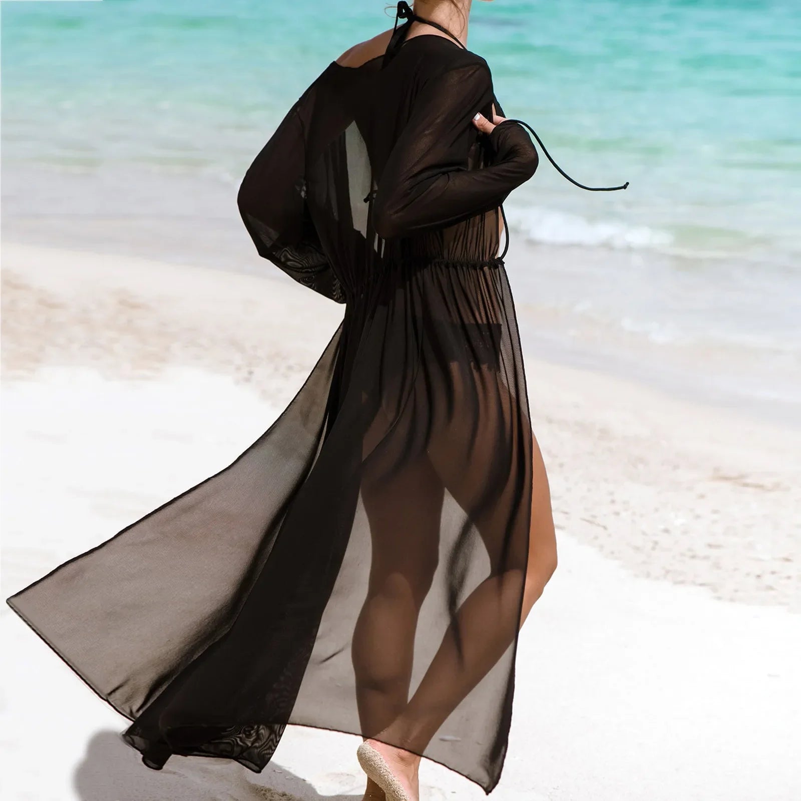 Stylish Black Mesh Beach Cover Up Dress - Long Tunic Bikini Pareo Swimwear for Women | Perfect for Poolside, Vacation & Summer Holidays
