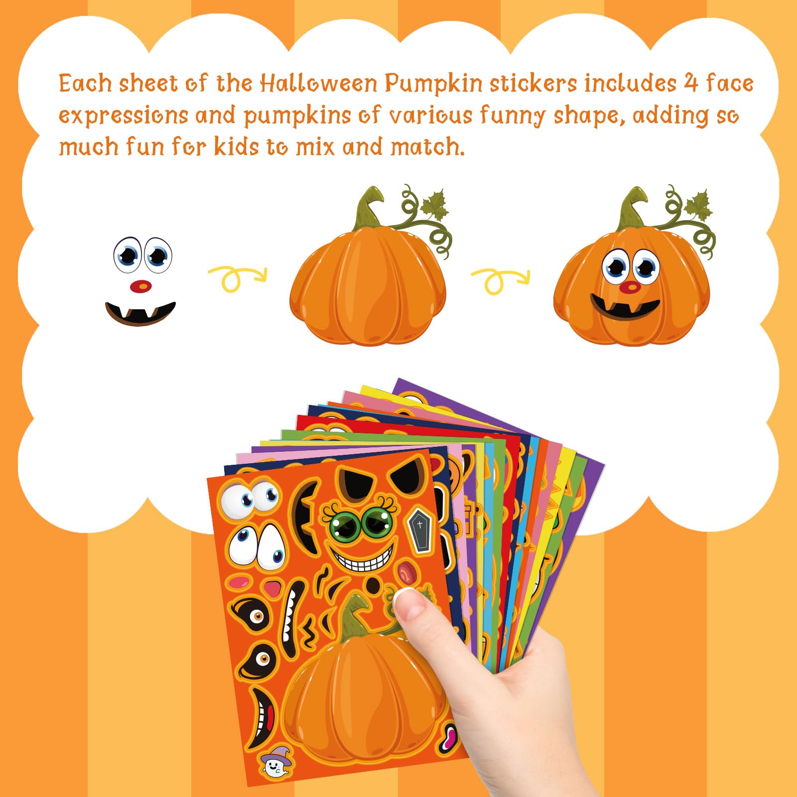 RINOLY 60 Sheets Halloween Pumpkin Face Stickers for Kids - 15 Fun Designs, Fall Party Favors, DIY Crafts & Game Supplies - Perfect for Classroom Activities, Trick-or-Treat Bags & Halloween Decorations