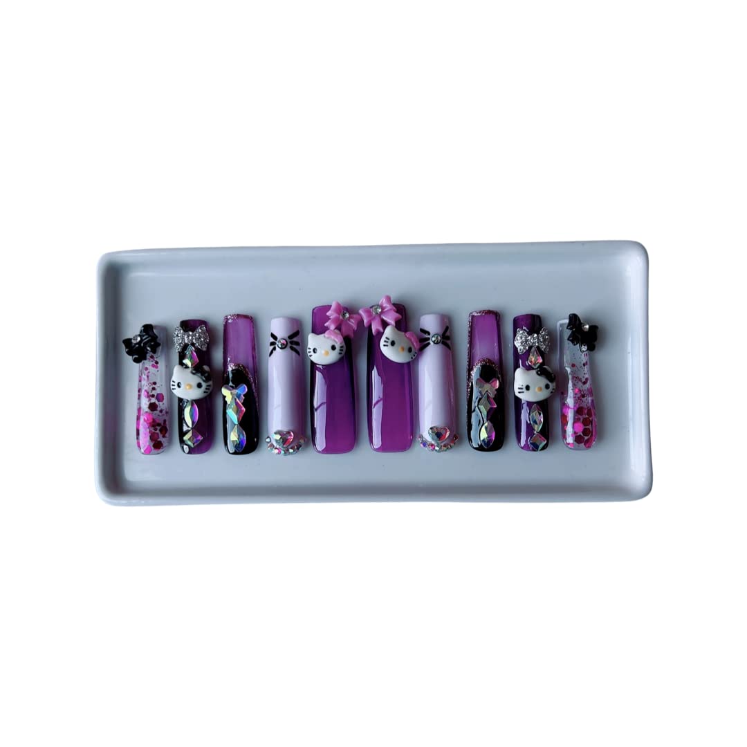 Hello Kitty Bling Press On Nails - Large Long Almond Shape Glamorous Fake Nails for Women & Girls - Perfect for Parties, Weddings, and Special Occasions