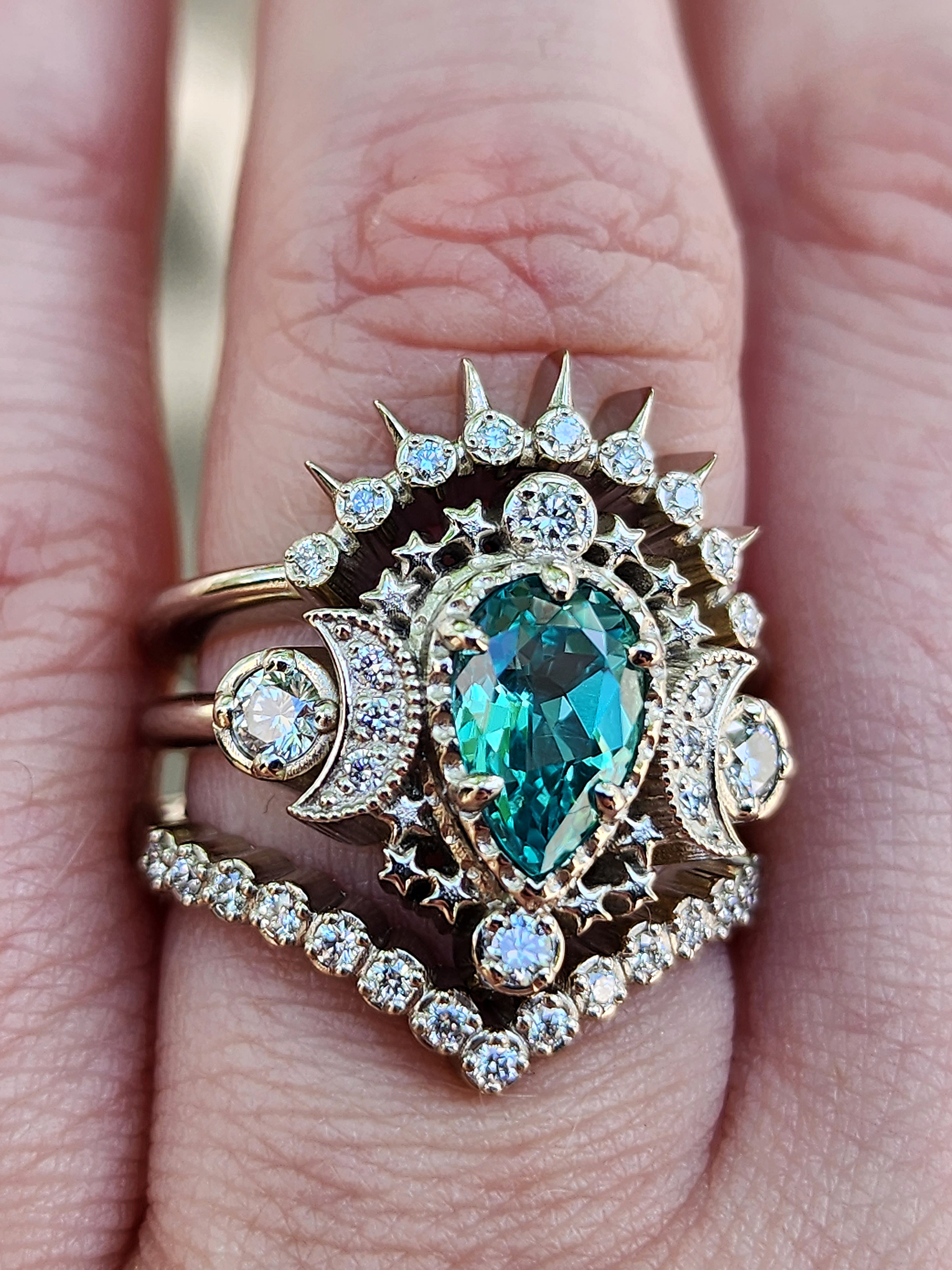 Chatham Chrysoberyl Pear Engagement Ring Set with Sunray & Pave Diamond Wedding Band | Size 6-8 | 14K White, Rose or Yellow Gold | Ready to Ship | Perfect for Proposals, Anniversaries & Romantic Occasions
