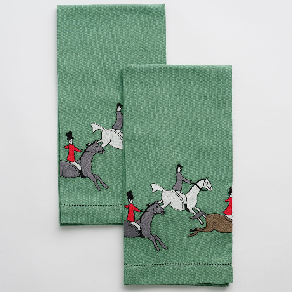Embroidered Hunt Scene Green Tea Towels - Premium Cotton Kitchen Towels for Drying Dishes, Cleaning, and Decor - Perfect for Farmhouse, Rustic, and Country Style Homes
