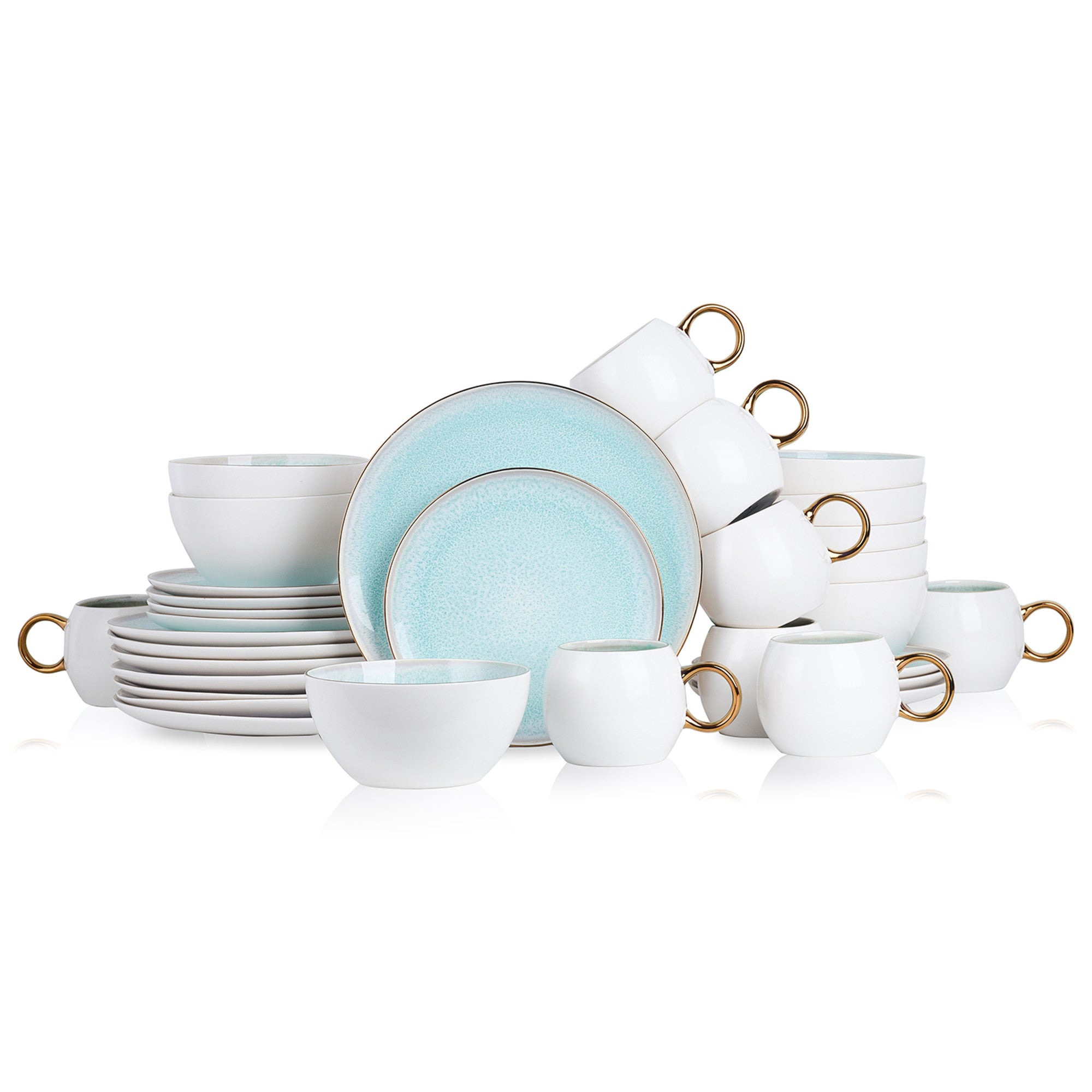 Josephine Porcelain Dinnerware Set - Elegant Mint Green 16-Piece Dinnerware Set for 4, Includes Plates, Bowls & Mugs - Perfect for Formal Dining, Wedding Registry & Home Entertaining