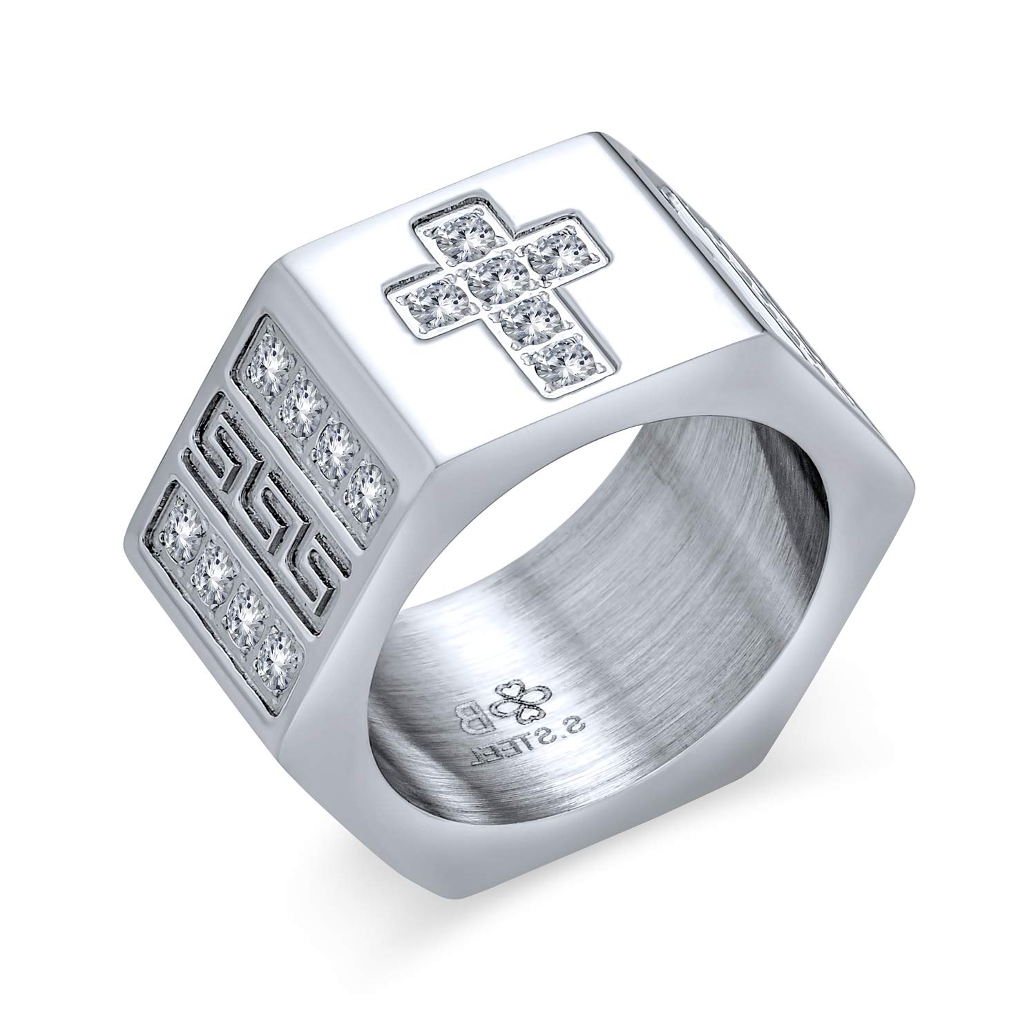 Personalized Greek Key Geometric Pave CZ Accent Men's Signet Ring - .925 Sterling Silver or Stainless Steel Cubic Zirconia Statement Band for Gifts & Special Occasions