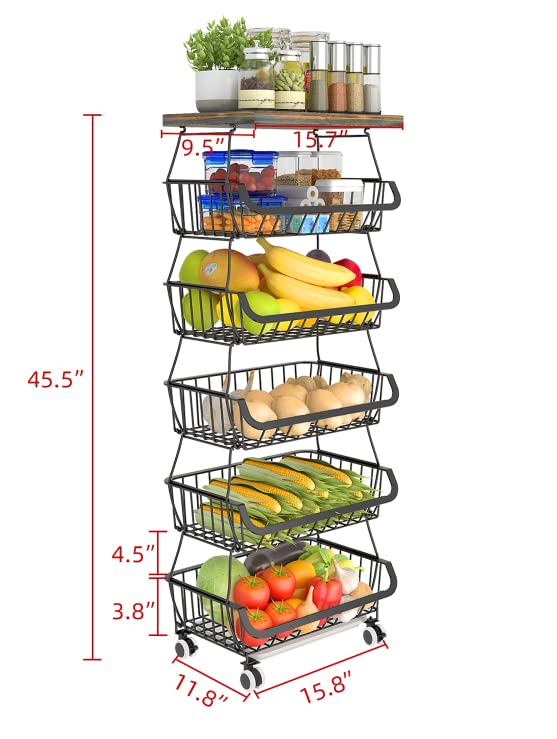 6-Tier Stackable Metal Wire Kitchen Storage Baskets with Tabletop - Organize Fruits, Vegetables & Pantry Items - Perfect for Kitchen, Garage & Home Organization