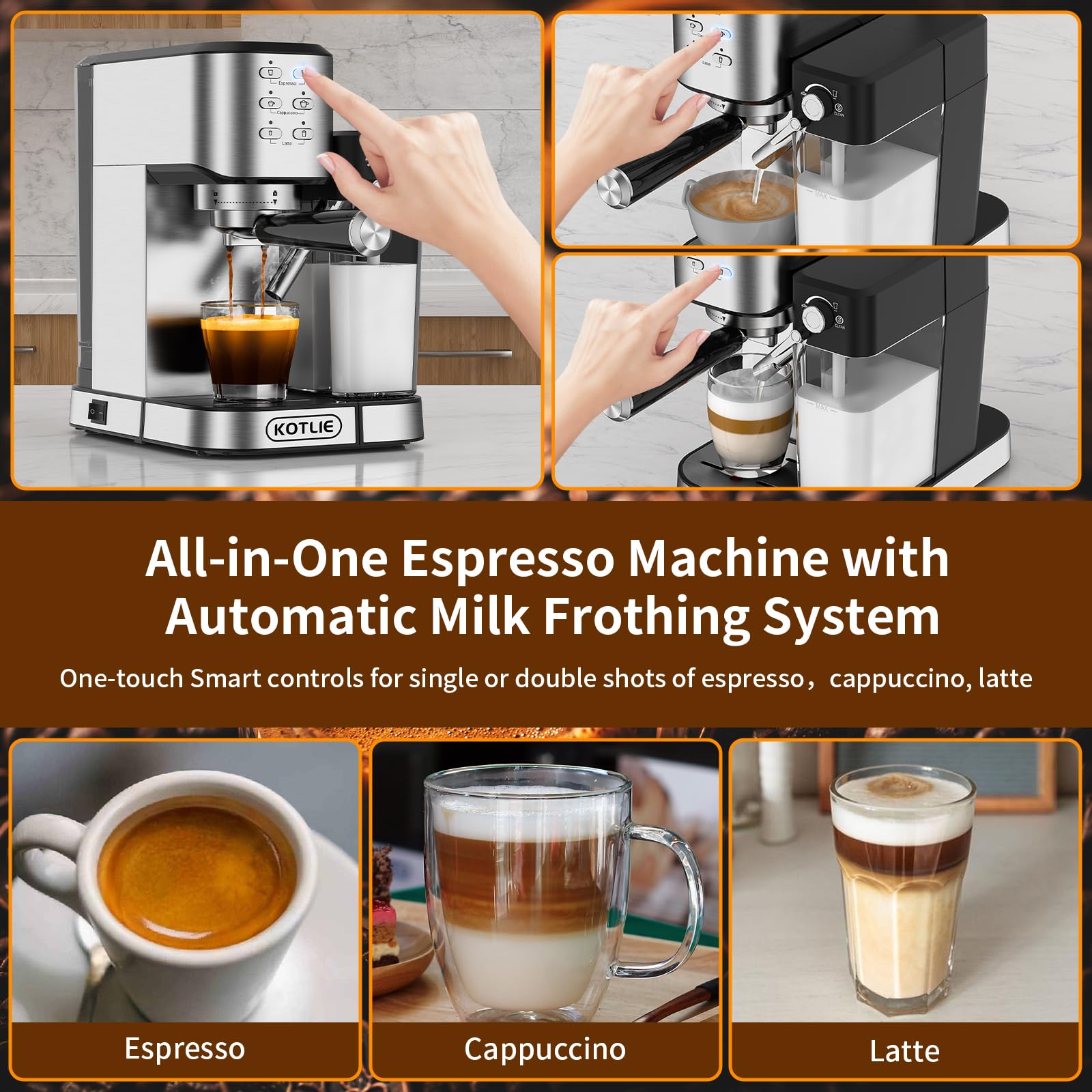 KOTLIE Automatic Espresso Coffee Machine with Milk Frother - 20Bar Pressure, Dual Heat System (1350W & 900W), ESE Pod Compatible for Espresso/Cappuccino/Latte - Perfect for Home, Office & Coffee Shops (120V, Metal)