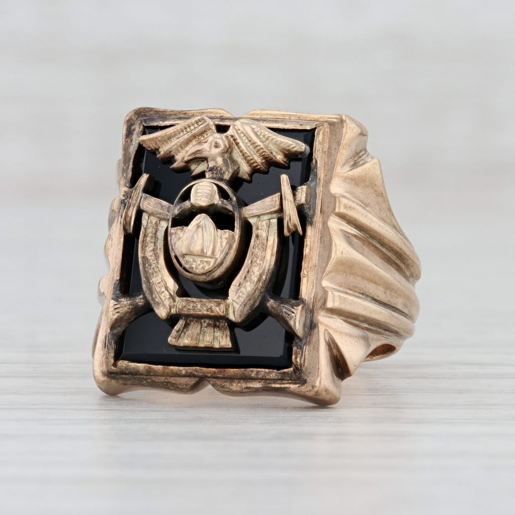 10k Yellow Gold Antique Eagle Sword Crest Onyx Signet Ring - Coat of Arms Jewelry Size 7.5 - Perfect for Formal Events, Gifts & Heritage Collections