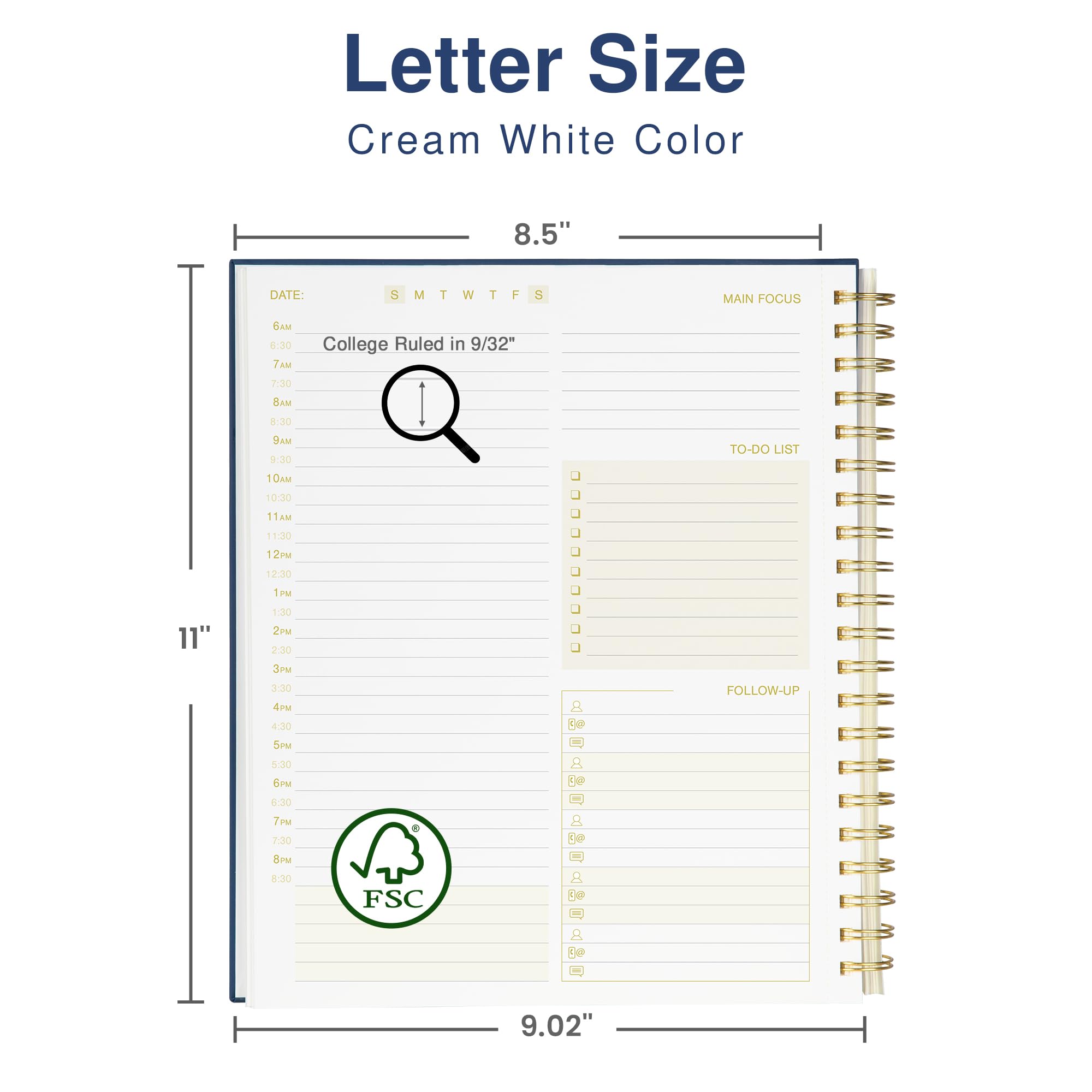 2024-2026 Undated Daily Planner - Spiral Bound Hardcover Notebook with Hourly Schedule, To-Do List, Habit Tracker & Holiday Calendar | 200 Pages Letter Size 8.5