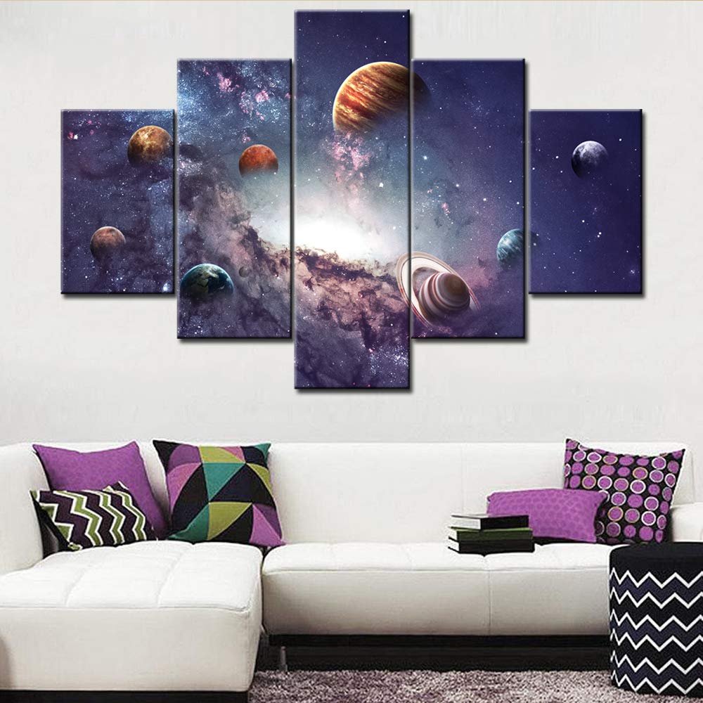 Large Modern Giclee Canvas Wall Art - 5 Panel Universe Galaxy Planets Space Painting | Stellar Nebula Home & Office Decor | Ready to Hang 60x40 Inches | Perfect for Living Room, Bedroom or Workspace