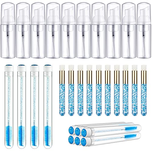 30 Pieces Lash Shampoo Brushes Set with Foam Pump Bottles & Mascara Wands - 10 Travel-Size 2oz Foaming Soap Dispensers + 10 Eyelash Brushes + 10 Blackhead Pore Cleaning Brushes - Perfect for Salon, Spa, Travel & Home Use