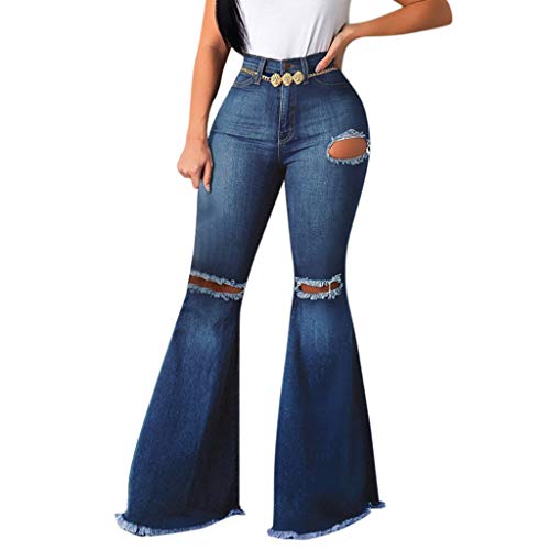 Women's High Waist Flare Jeans - Ripped Distressed Denim with Elastic Waist & Raw Hem | Bell Bottom Pants for Casual Outfits & Retro Style
