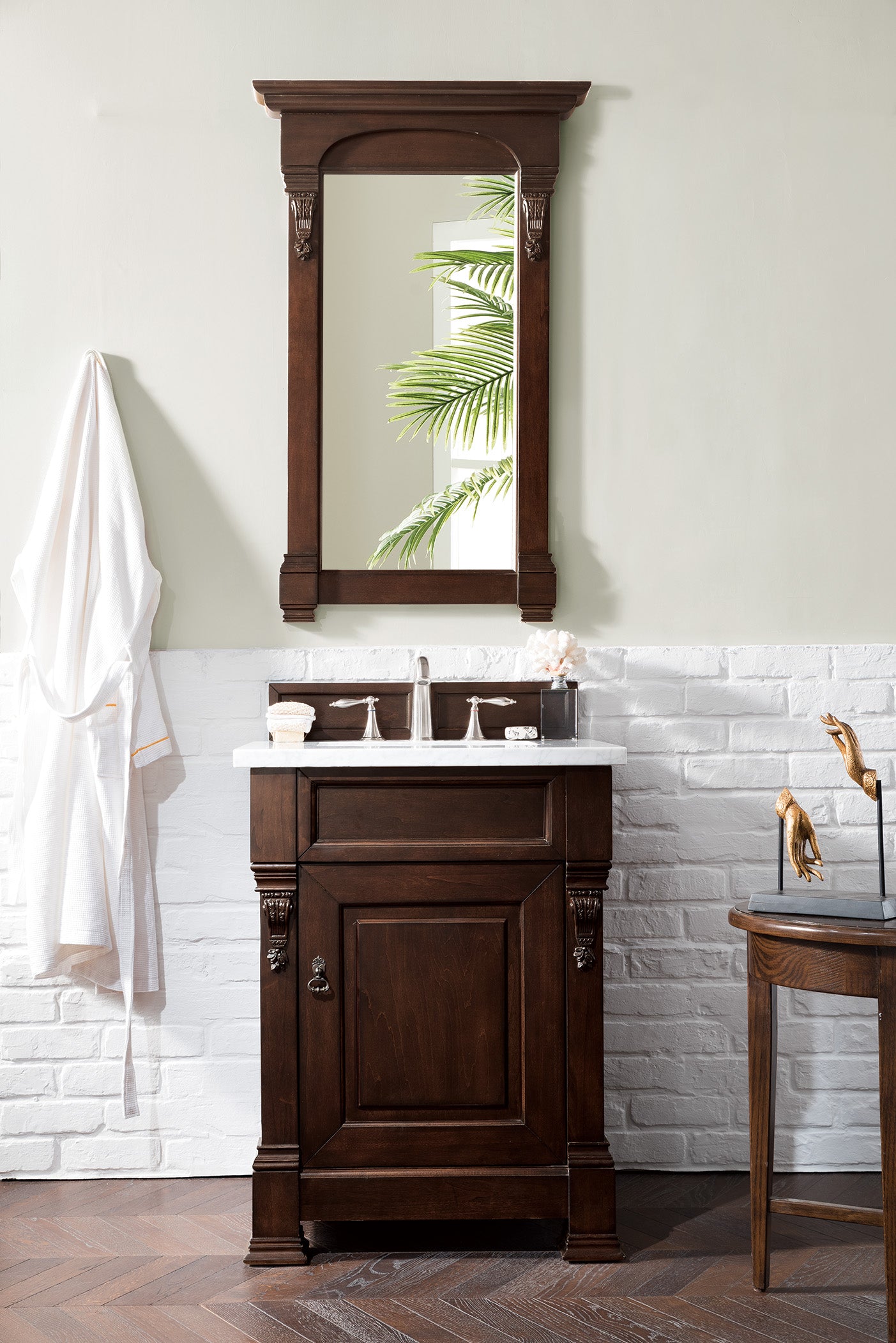 Brookfield 26 Inch Single Bathroom Vanity with Burnished Mahogany Finish & 3CM Carrara Marble Top - Perfect for Modern Master Bath or Powder Room Renovation