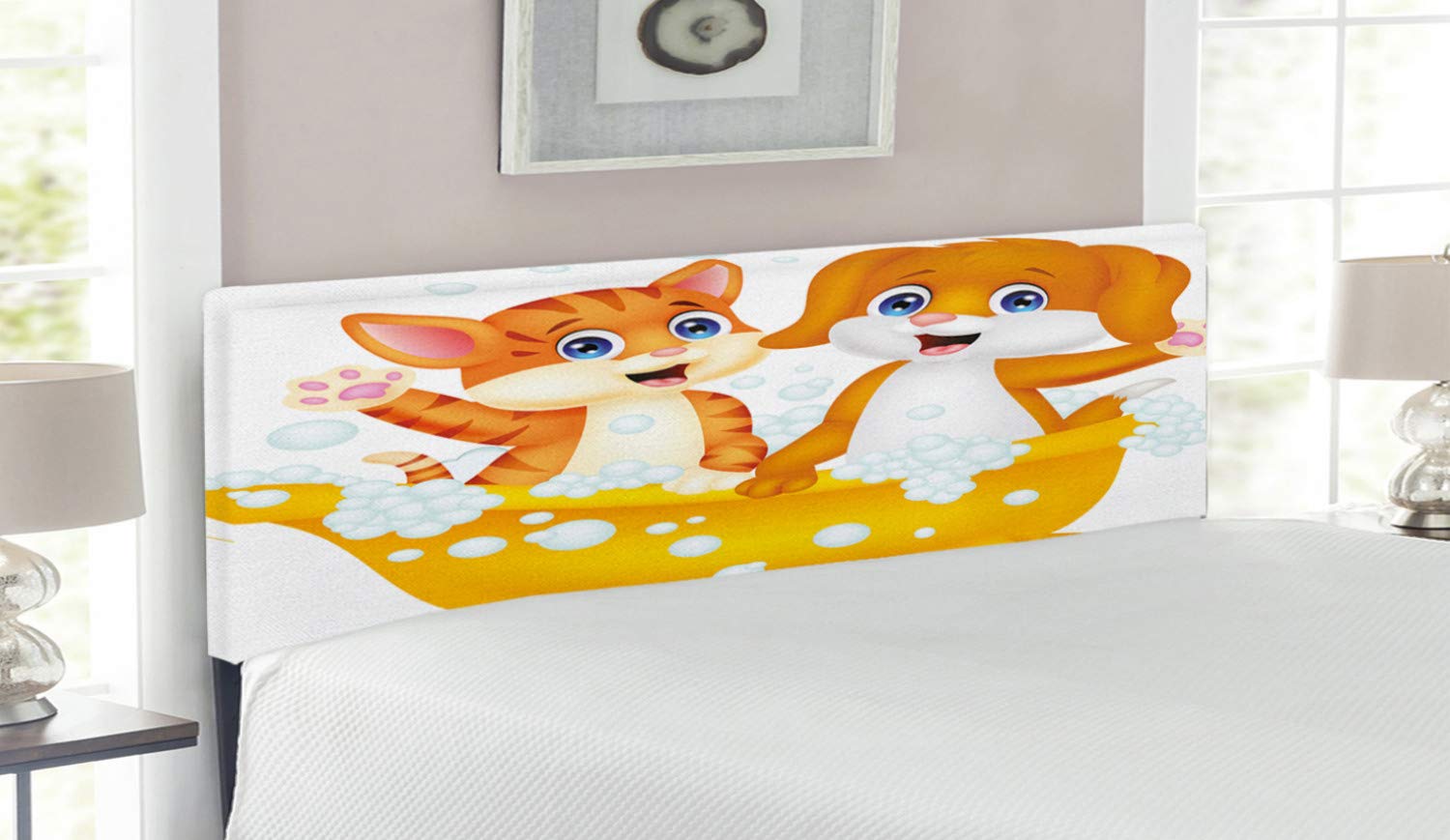 Ambesonne Animal Headboard - Cartoon Cat & Dog in Bathtub with Bubbles Design, Upholstered Metal Bed Headboard with Memory Foam, Queen Size, Yellow Brown Blue - Perfect for Kids' Bedroom, Nursery Decor or Pet Lover's Home