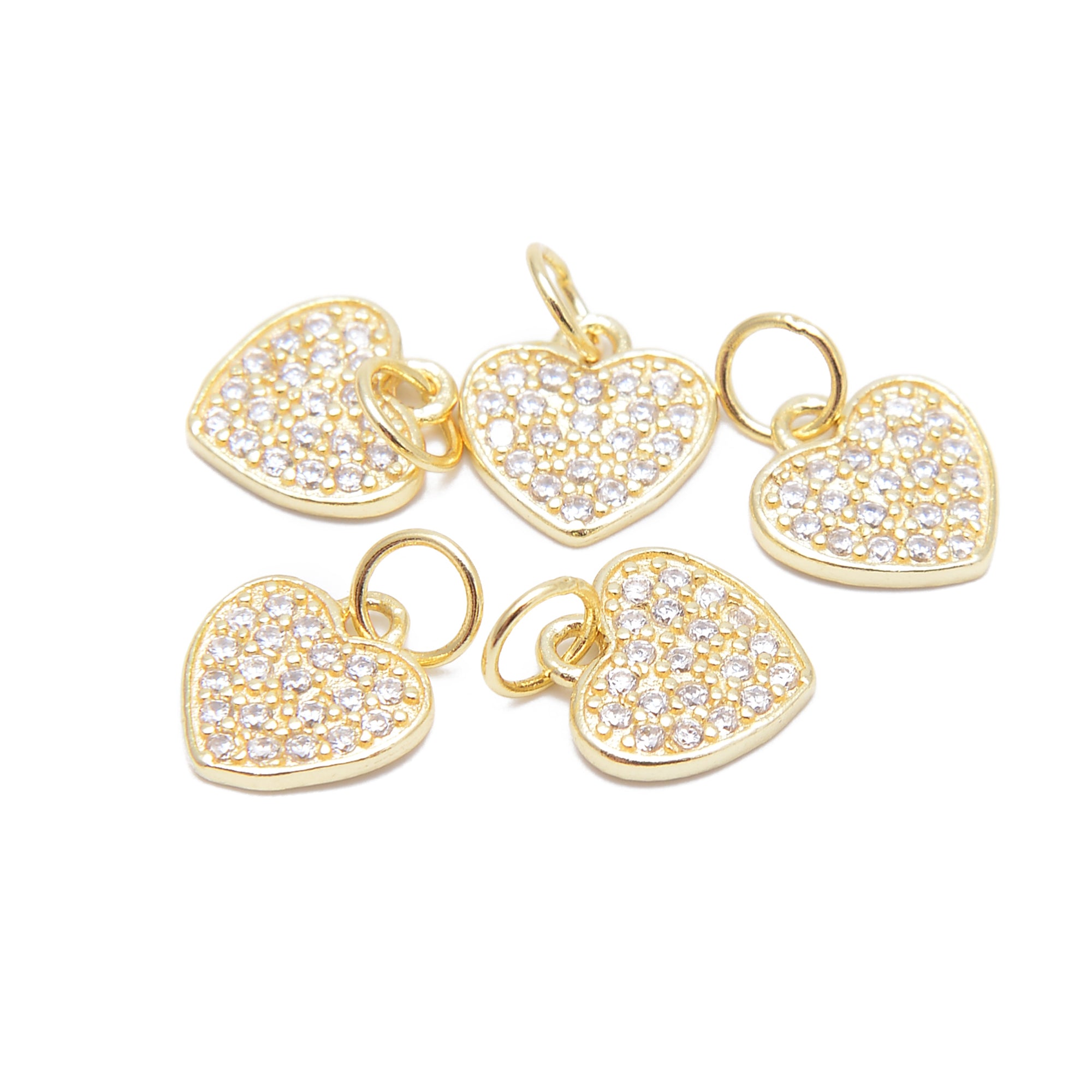 14K Gold Plated Sterling Silver Heart Charm Pendant with CZ Stones - 9.5x10mm (3 Pieces) - Perfect for Necklaces, Bracelets & DIY Jewelry Making