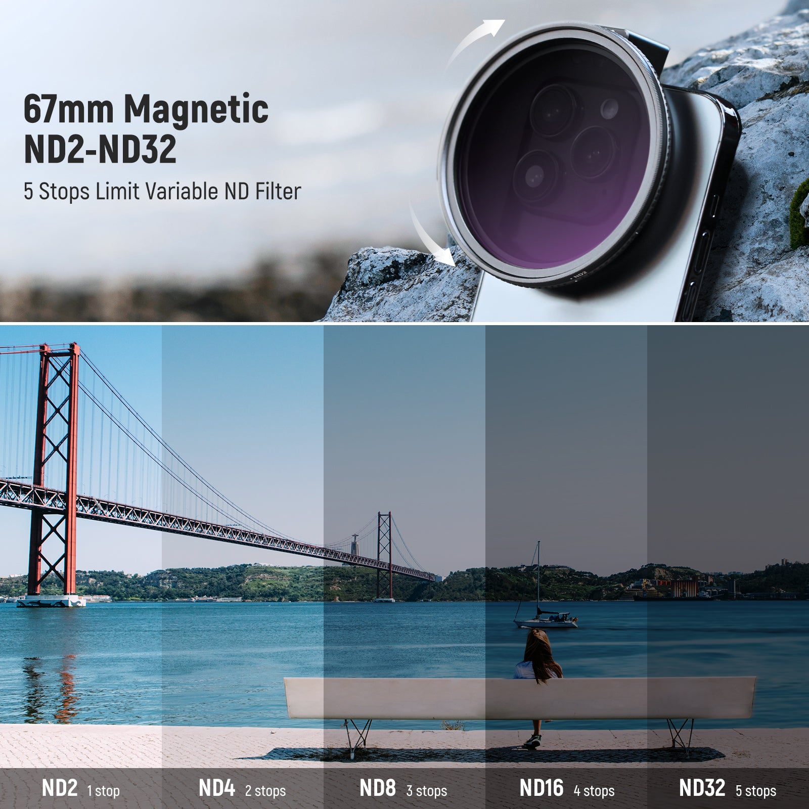 NEEWER 67mm Clip-On ND2-32 Magnetic Phone Lens Filter Kit for iPhone & Android - Perfect for Vlogging, Photography & Cinematic Video Effects