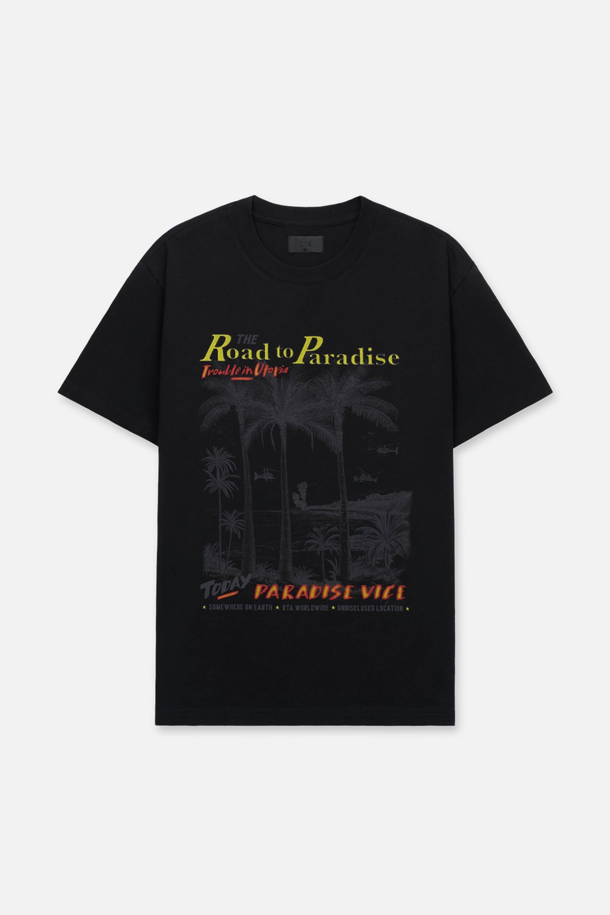 COLIN Oversized Short Sleeve T-Shirt | Black Road to Paradise Graphic Tee | Casual Streetwear for Men | Perfect for Summer Outfits & Music Festivals