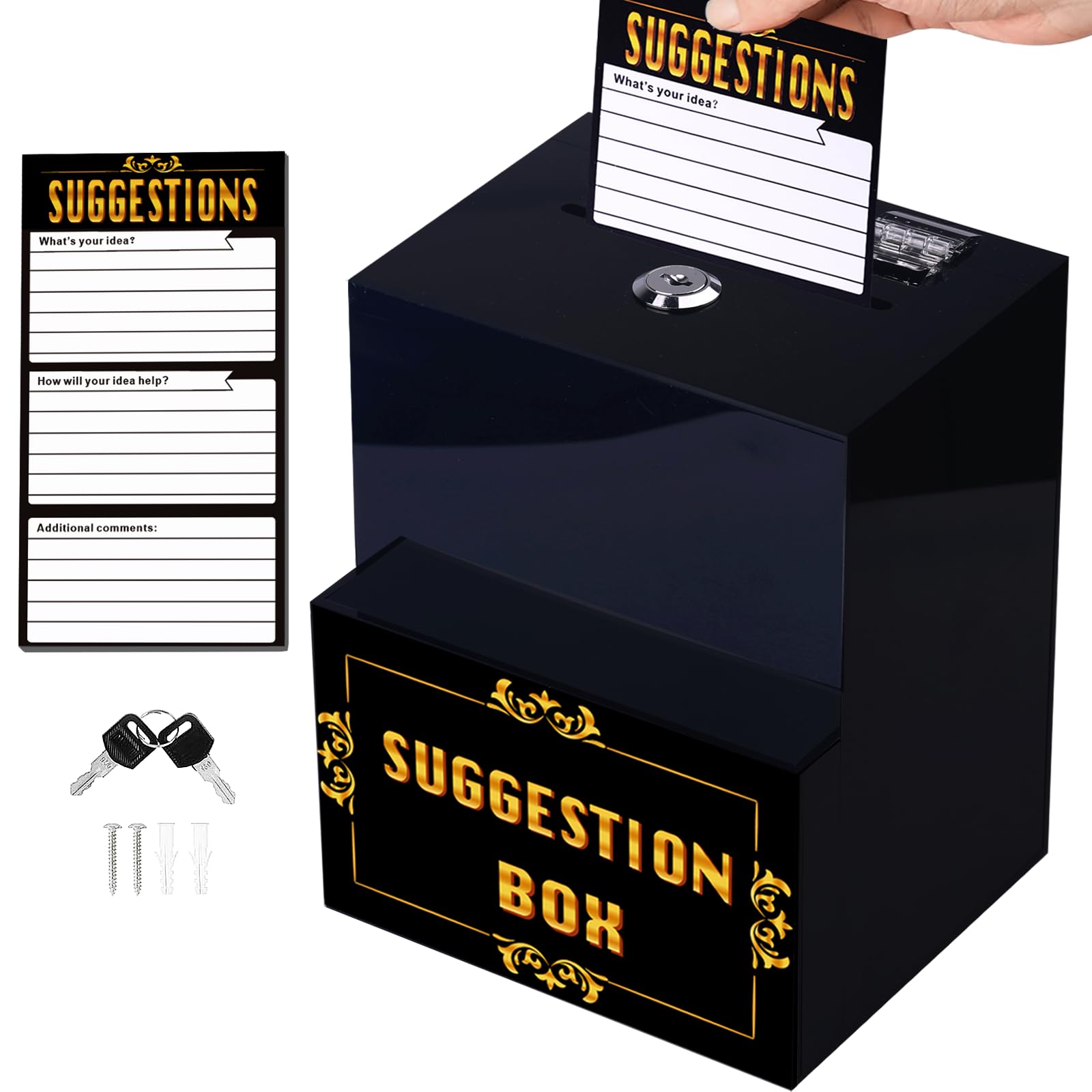 Wall Mounted Acrylic Comment Box with Lock & Cash Pocket - Secure Drop Box for Tips, Donations & Payments (Includes 45 Free Cards) - Perfect for Restaurants, Retail Stores & Offices