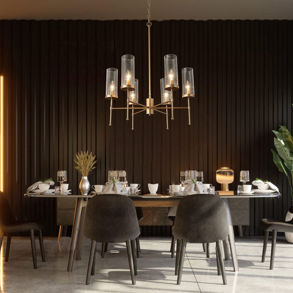6-Light Gold Chandelier with Seeded Glass Shade - Modern Dining Room Chandelier Lighting Fixture (23