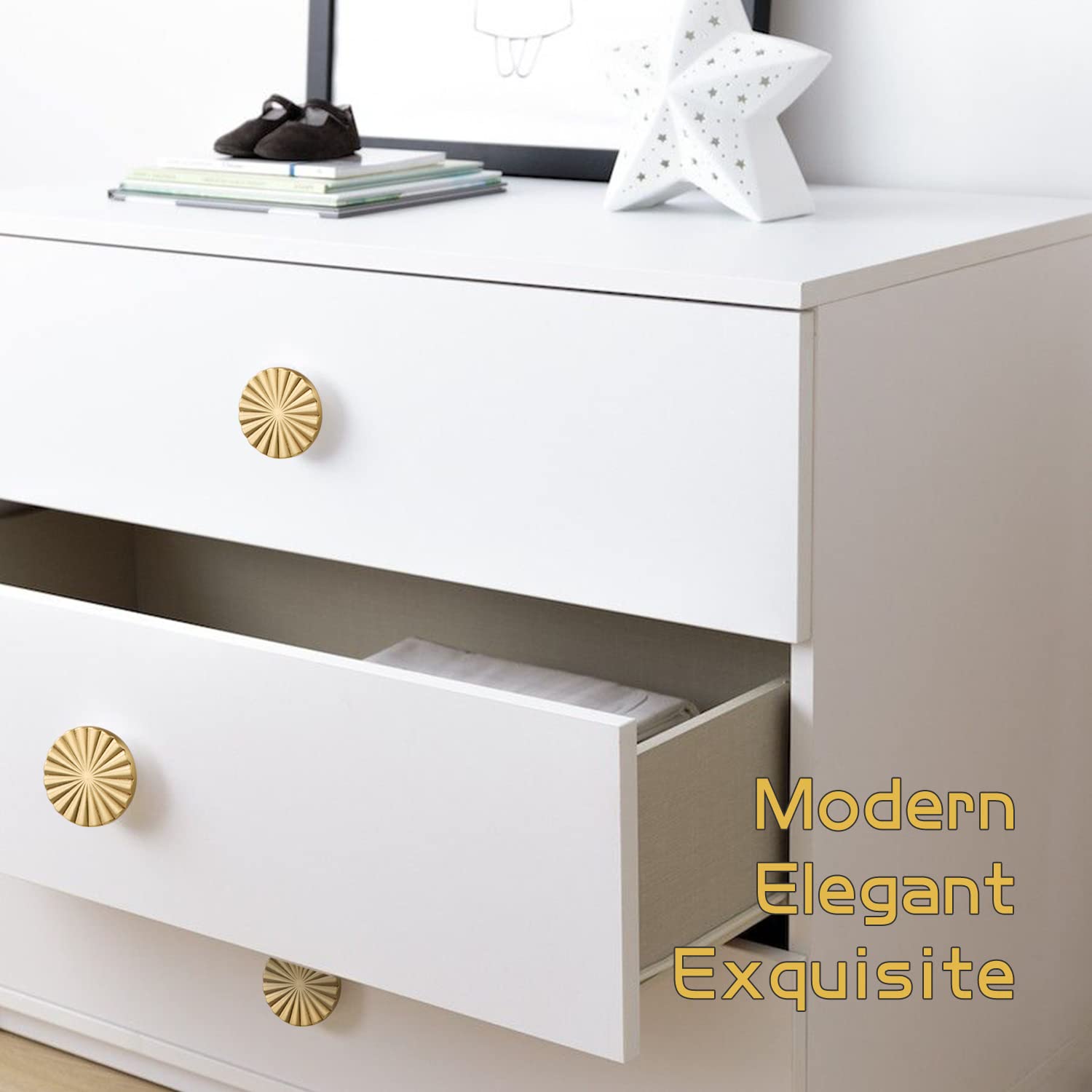 Solid Brass Drawer Cabinet Knobs - 5 Pack Brushed Gold Handles Hardware for Dresser, Kitchen, Bedroom & Bathroom | Elegant Upgrade for Furniture & Cabinets