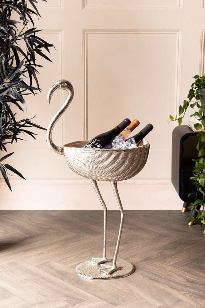 Vintage Enamel Metallic & Pale Pink Flamingo Wine Cooler Bucket - Retro Party Drink Chiller for Poolside, BBQ & Outdoor Gatherings