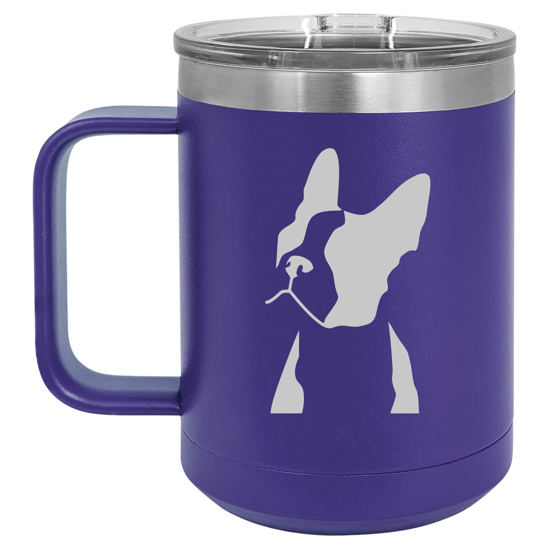 15 oz Vacuum Insulated Stainless Steel Tumbler with Handle & Lid - Boston Terrier Design Coffee Travel Mug (Purple) - Perfect for Hot/Cold Drinks, Commuting, Office, Camping & Outdoor Activities