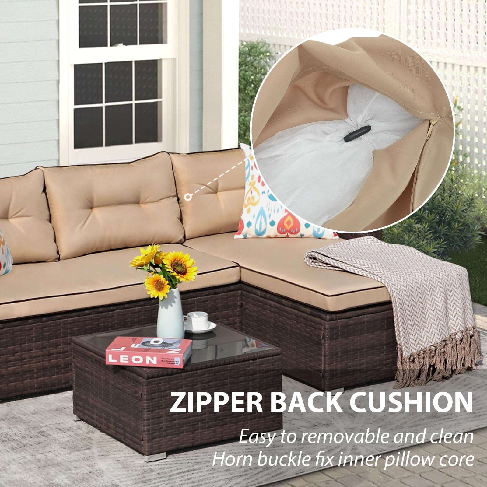JOIVI Outdoor Patio Furniture Set - All-Weather Wicker Rattan L-Shaped Sectional Sofa with Cushions & Tempered Glass Coffee Table - Perfect for Backyard, Garden, Poolside or Balcony Relaxation (Beige)