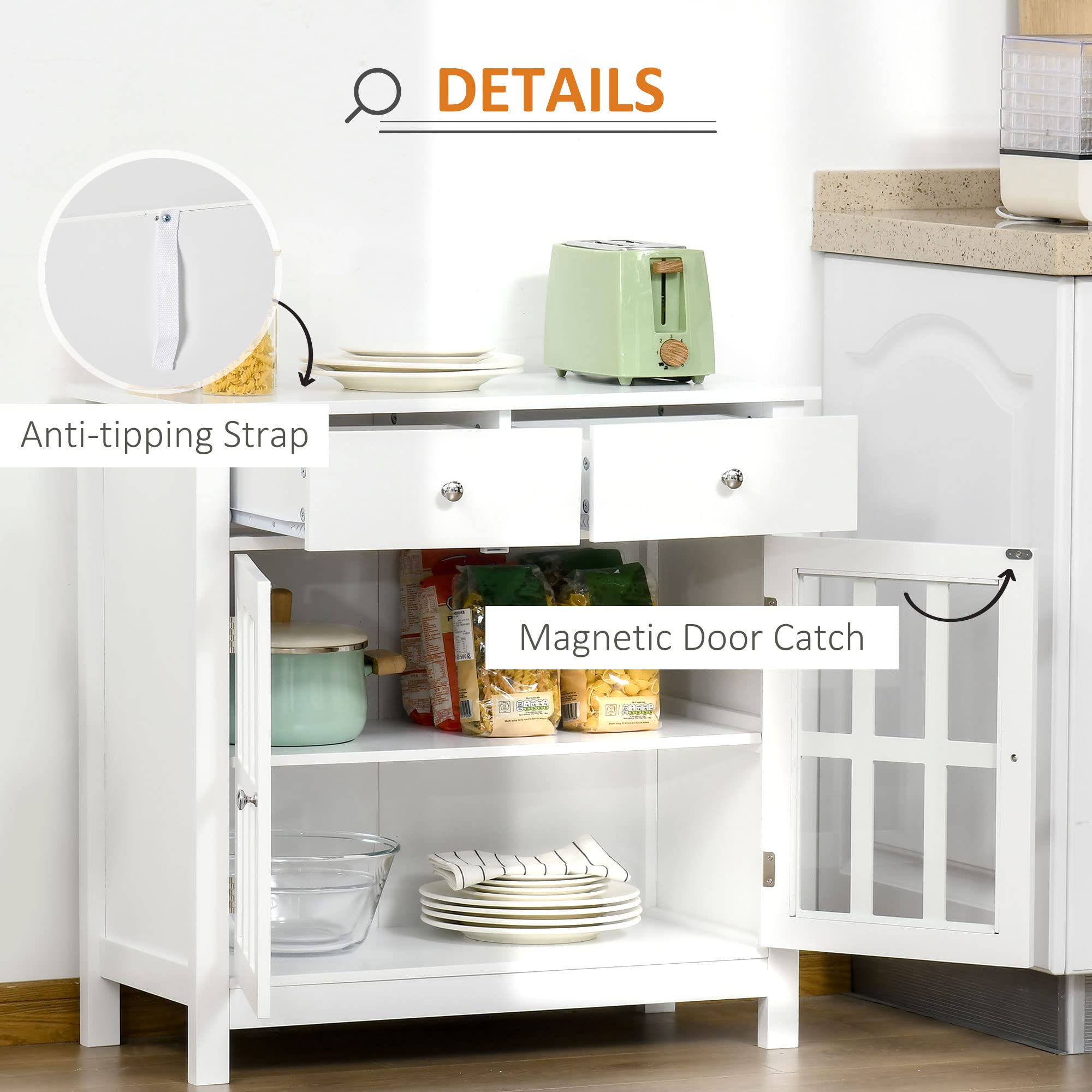 HOMCOM White Sideboard Buffet Cabinet with Glass Doors, Adjustable Shelf & 2 Drawers - Modern Kitchen Storage for Dining Room, Living Room, or Entryway Organization