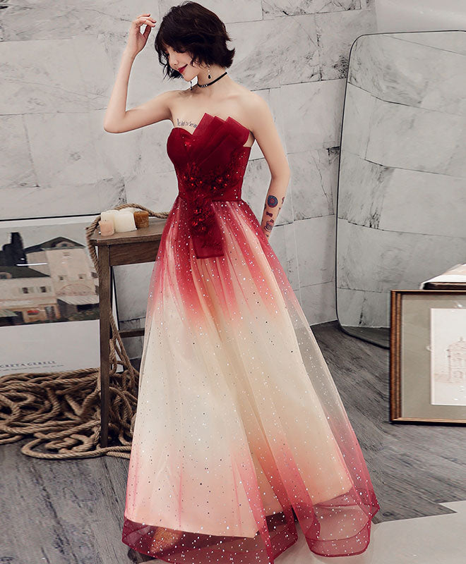 Elegant Burgundy Tulle Sequin Long Prom Dress for Women - Sparkly Evening Gown for Formal Events, Homecoming, Wedding Guest & Special Occasions