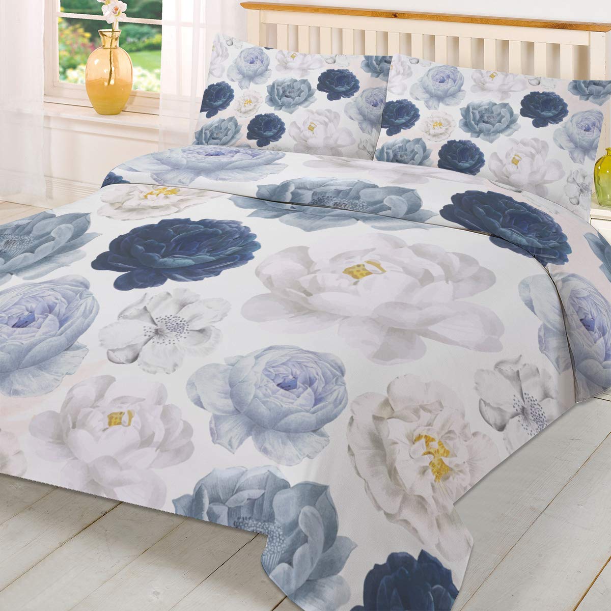 Queen Size 3-Piece Watercolor Floral Duvet Cover Set with Zipper Closure & 2 Pillow Shams | Soft Bedding for Master Bedroom, Guest Room & Dorm Decor