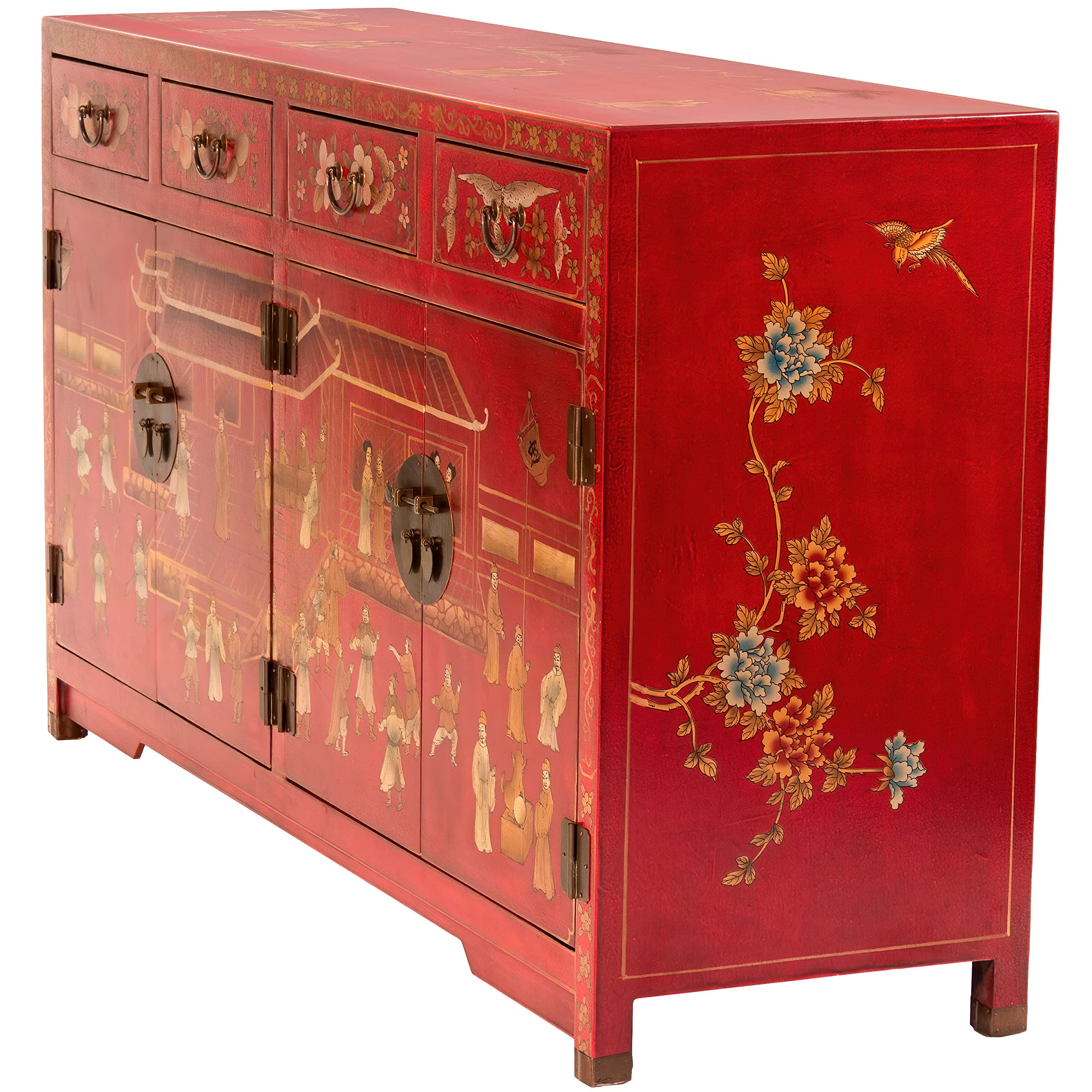 Hand-Painted Red Lacquer Buffet Table - Chinese Courtyard Style Artisan Crafted Dining Sideboard | Perfect for Asian-Themed Dining Rooms, Wedding Decor & Home Entertaining