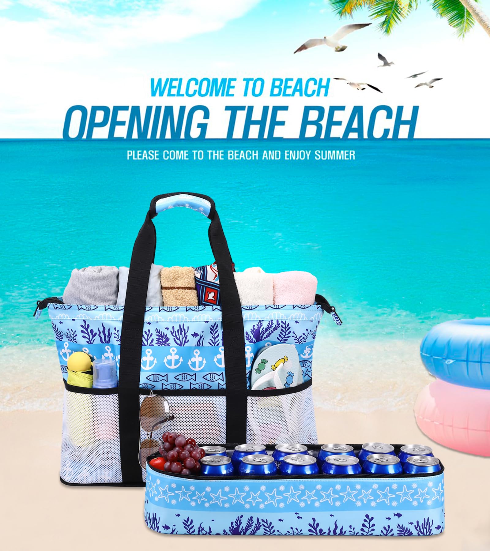 Octsky Waterproof Beach Tote Bag with Cooler - Large Sandproof Zipper Pool Bag for Women with 9 Pockets | Perfect for Beach Trips, Pool Parties & Summer Vacations