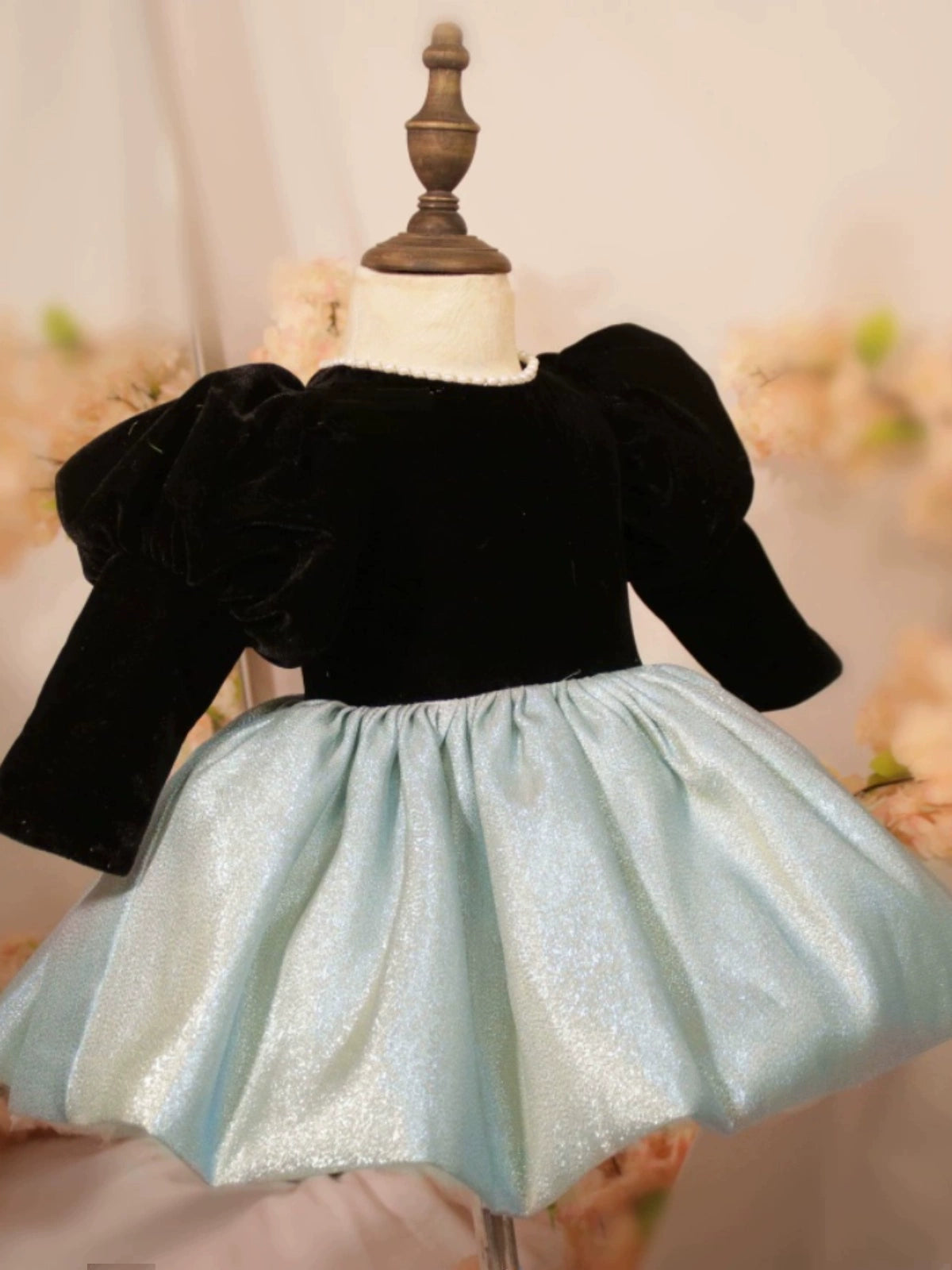 Black Princess Round Tea Length Satin Flower Girl Dress for Weddings, Birthday Parties & Special Occasions