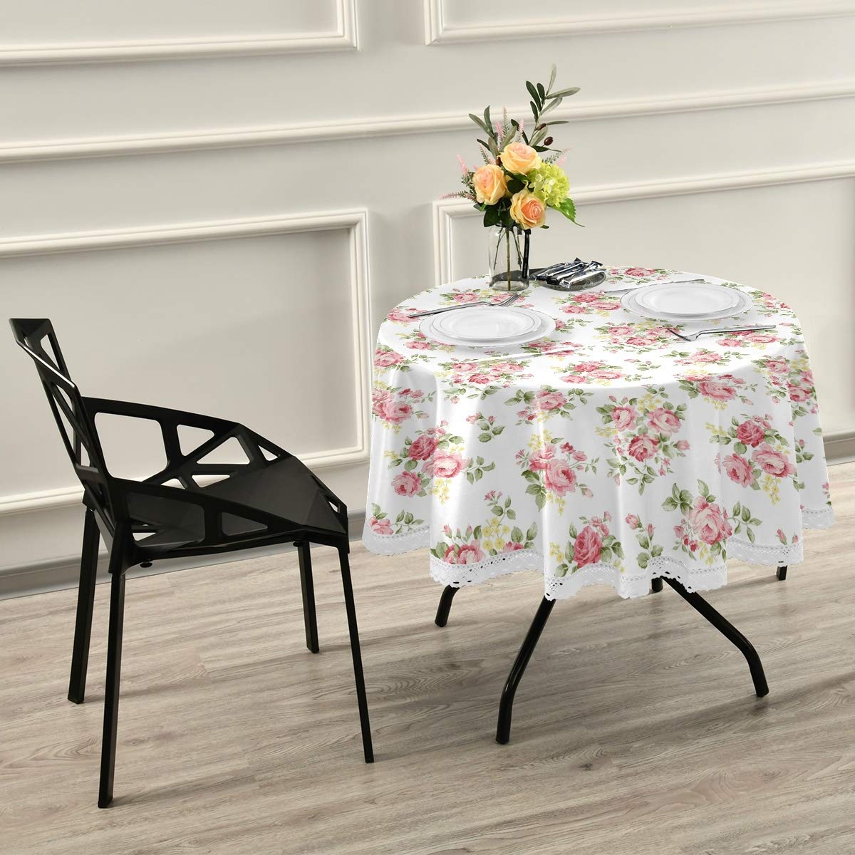 Senya Round Pink Rose Floral Tablecloth - 60 Inch Diameter Polyester Table Cover | Heat & Slip Resistant | Perfect for Holiday Dining, Thanksgiving, Christmas Decor & Outdoor Picnics | Elegant Table Setting for Parties & Home Decor