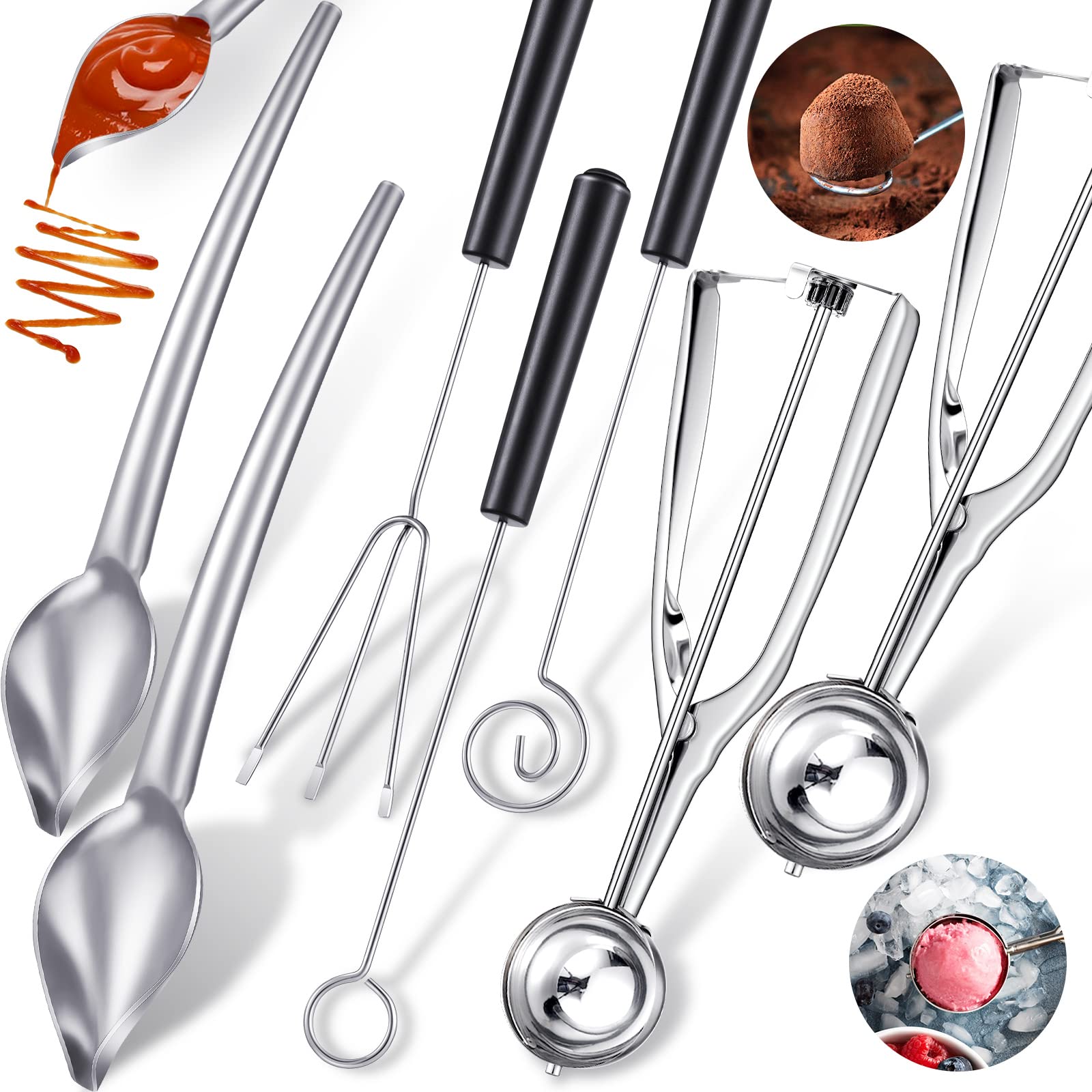7-Piece Stainless Steel Chocolate Dipping Tools Set - 2 Candy Forks, 2 Ice Cream Scoops & 3 Decorating Spoons for Dessert Making, Cake Decorating & Candy Dipping | Professional Baking & Party Serving Supplies