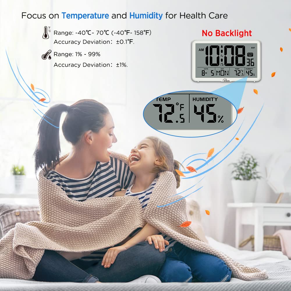 WallarGe Auto Set Digital Wall Clock with Temperature & Humidity - Large Display Battery Operated Desk Clock with Date, 8 Time Zones & Auto DST - Perfect for Elderly, Bedroom, Office & Home Use