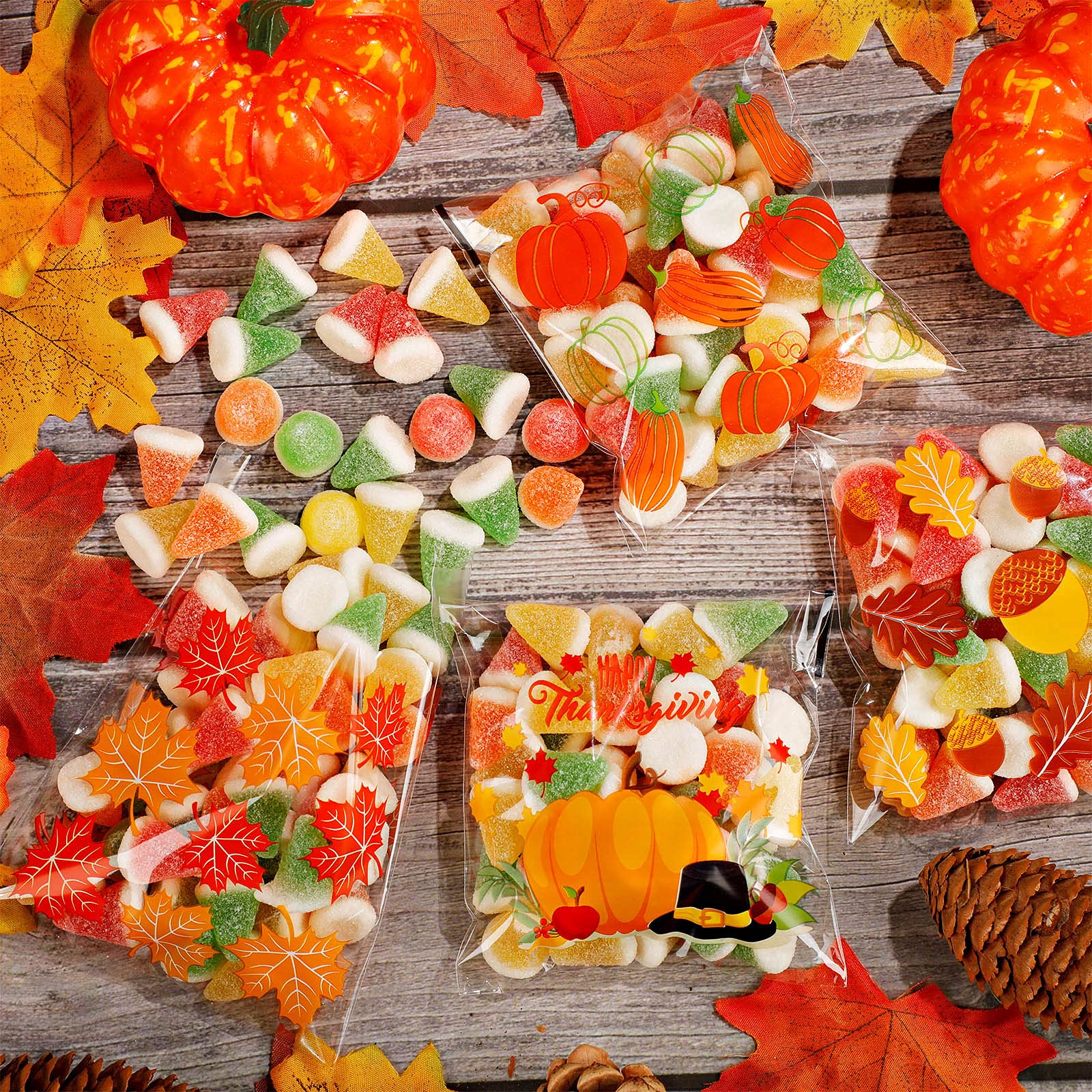 200-Piece Thanksgiving Fall Cellophane Bags - Pumpkin & Maple Leaf Print Treat Bags for Candy, Party Favors, Groceries | Autumn Party Supplies for Halloween, Harvest Festivals & Seasonal Decorations